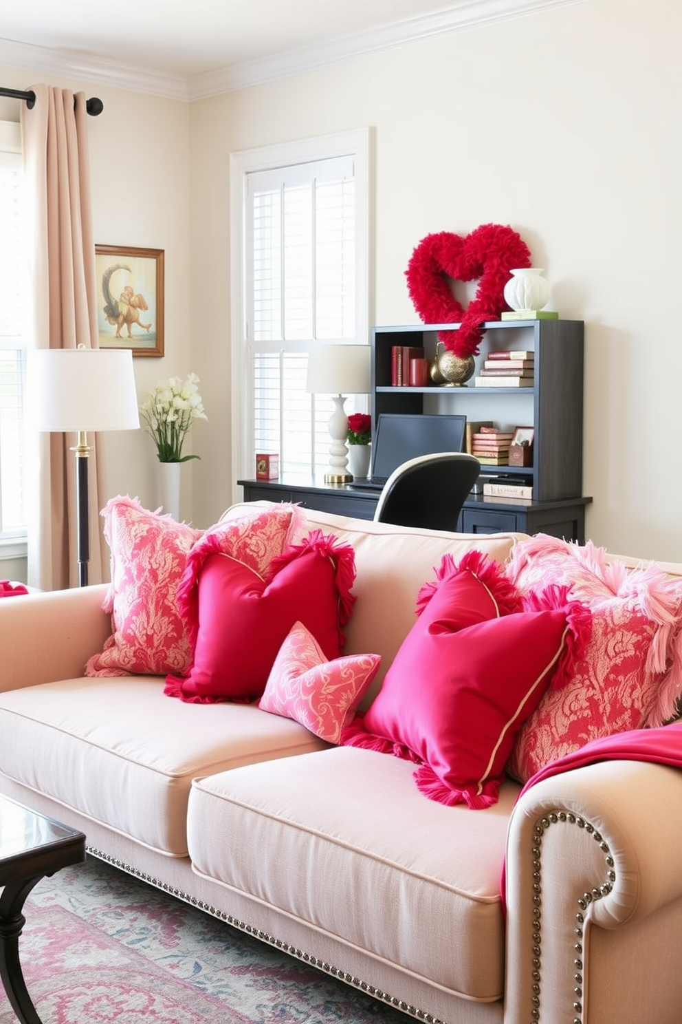 A cozy home office setting adorned for Valentine's Day. On the sofa, vibrant red and pink throw pillows are artfully arranged, adding a touch of romance to the space.