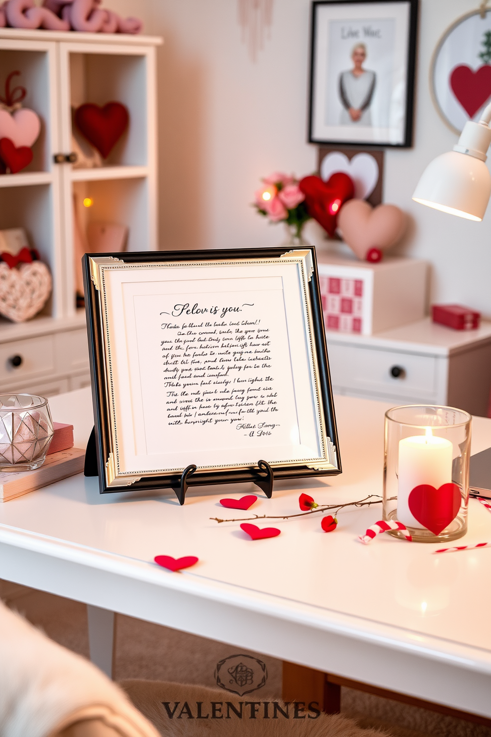 A personalized love letter elegantly displayed in a beautiful frame rests on a stylish desk. The home office is adorned with soft, romantic decor, featuring heart-shaped accents and warm lighting to create a cozy atmosphere for Valentine's Day.