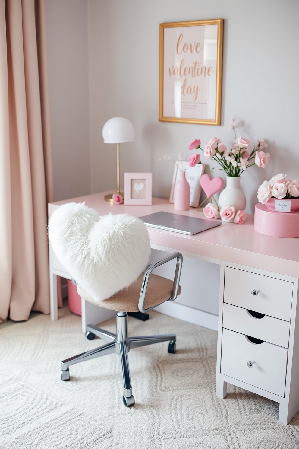 Create a cozy home office setting that features a stylish chair adorned with fluffy heart-shaped cushions. The desk is elegantly organized with romantic Valentine's Day decorations, including soft pink accents and delicate floral arrangements.