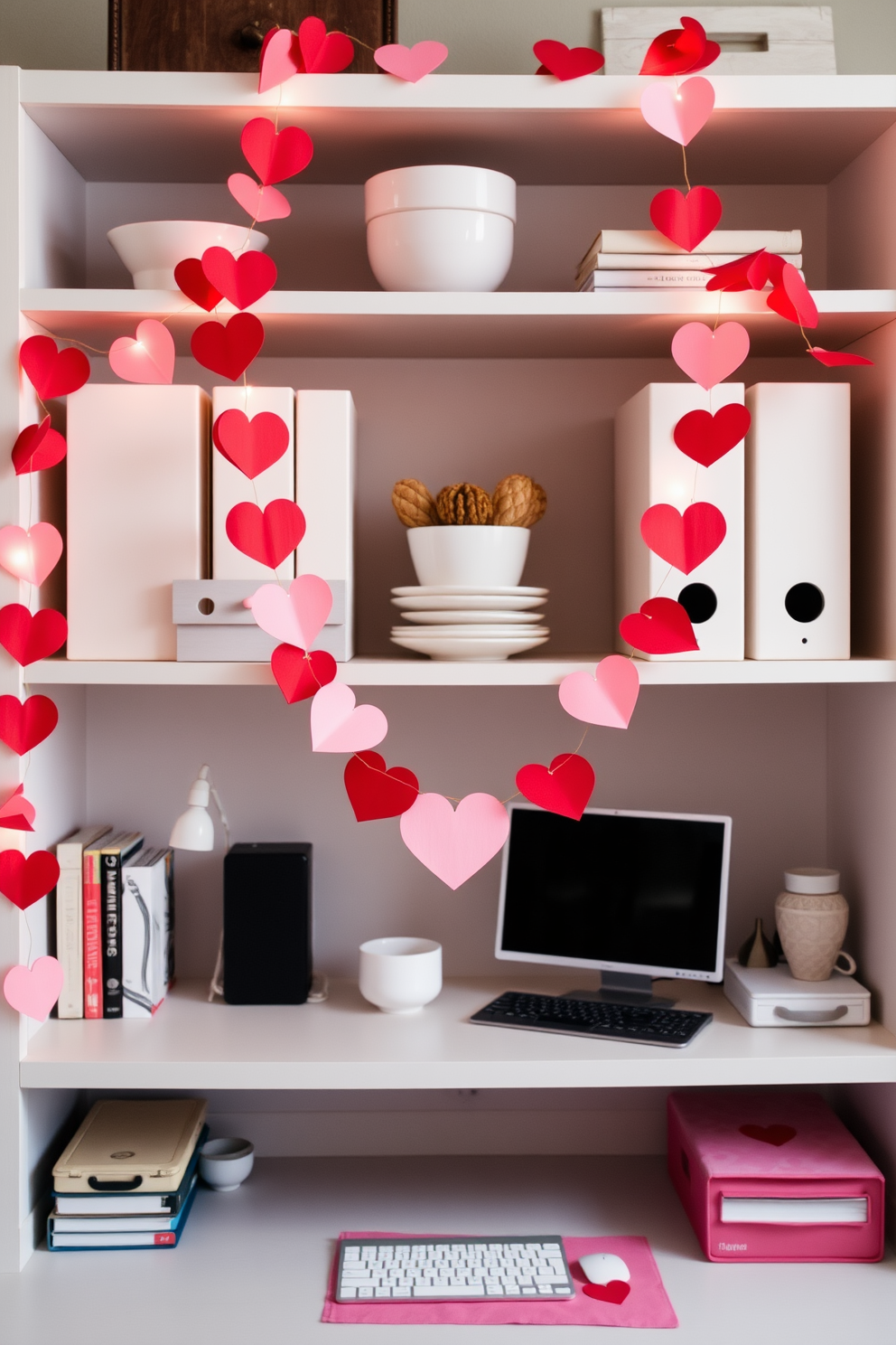 Heart garland draped elegantly across the shelves creates a warm and inviting atmosphere in the home office. The soft hues of red and pink enhance the workspace, making it feel festive and cheerful for Valentine's Day.