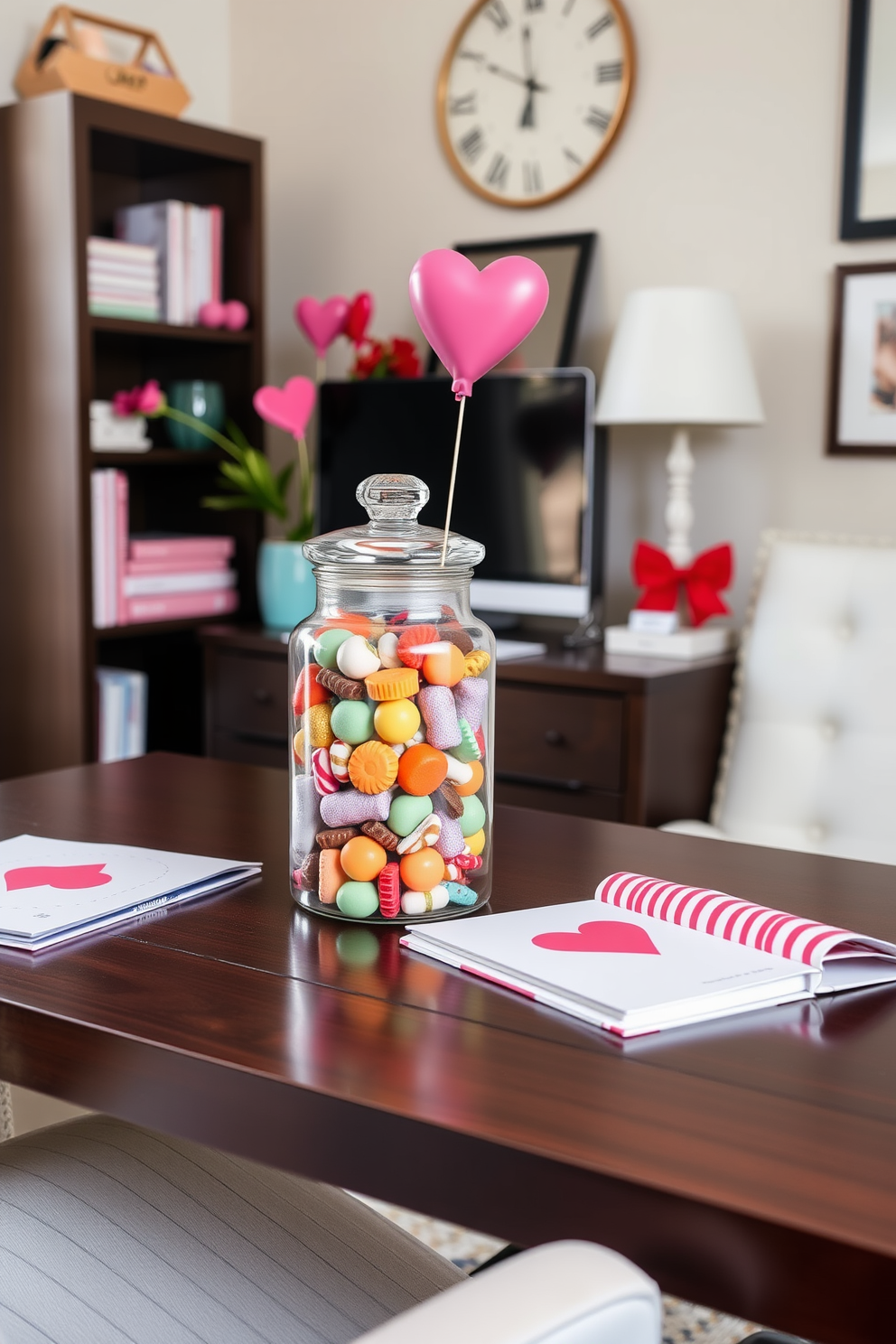 A charming home office setting adorned for Valentine's Day. On a sleek wooden desk, a glass jar filled with an assortment of colorful sweet treats sits prominently, adding a festive touch.
