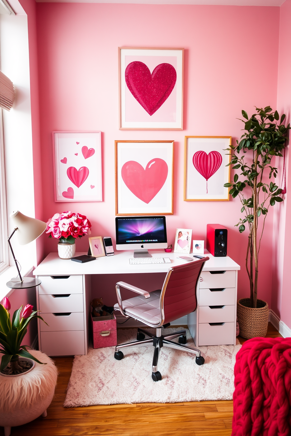 Valentine themed artwork adorns the walls of a cozy home office space. Soft pink and red hues dominate the decor, creating a warm and inviting atmosphere for creativity and productivity.