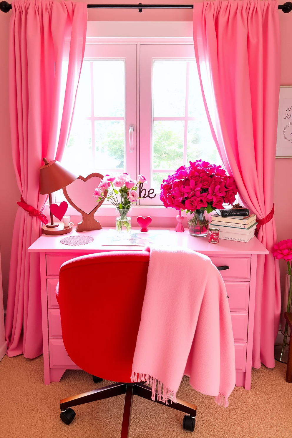 A cozy home office adorned with a red and pink color scheme. The desk is decorated with heart-shaped accessories and a bouquet of fresh flowers in vibrant shades. Soft pink curtains frame a large window, allowing natural light to fill the space. A plush red chair sits invitingly in front of the desk, complemented by a pink throw blanket draped over the back.