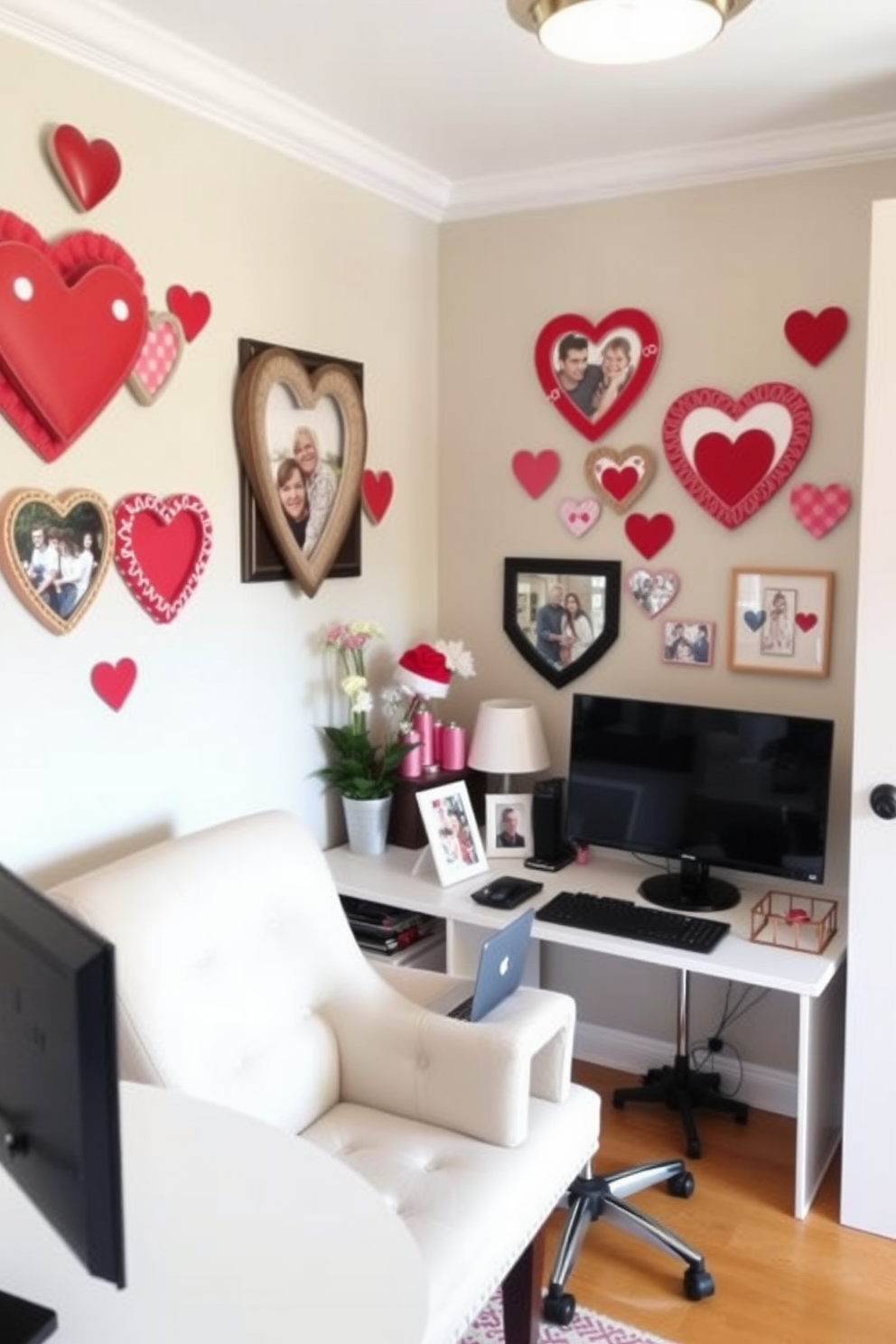 A cozy home office decorated for Valentine's Day. The walls are adorned with decorative heart-shaped picture frames that showcase cherished memories, creating a warm and inviting atmosphere.