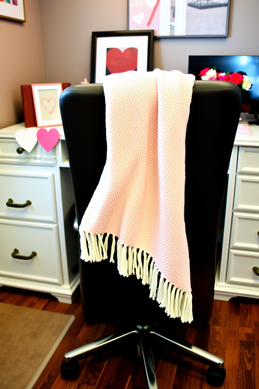 A cozy home office featuring a stylish chair adorned with a seasonal throw blanket in soft pastel colors. The desk is decorated with subtle Valentine's Day accents, including heart-shaped paperweights and a small vase of fresh flowers.
