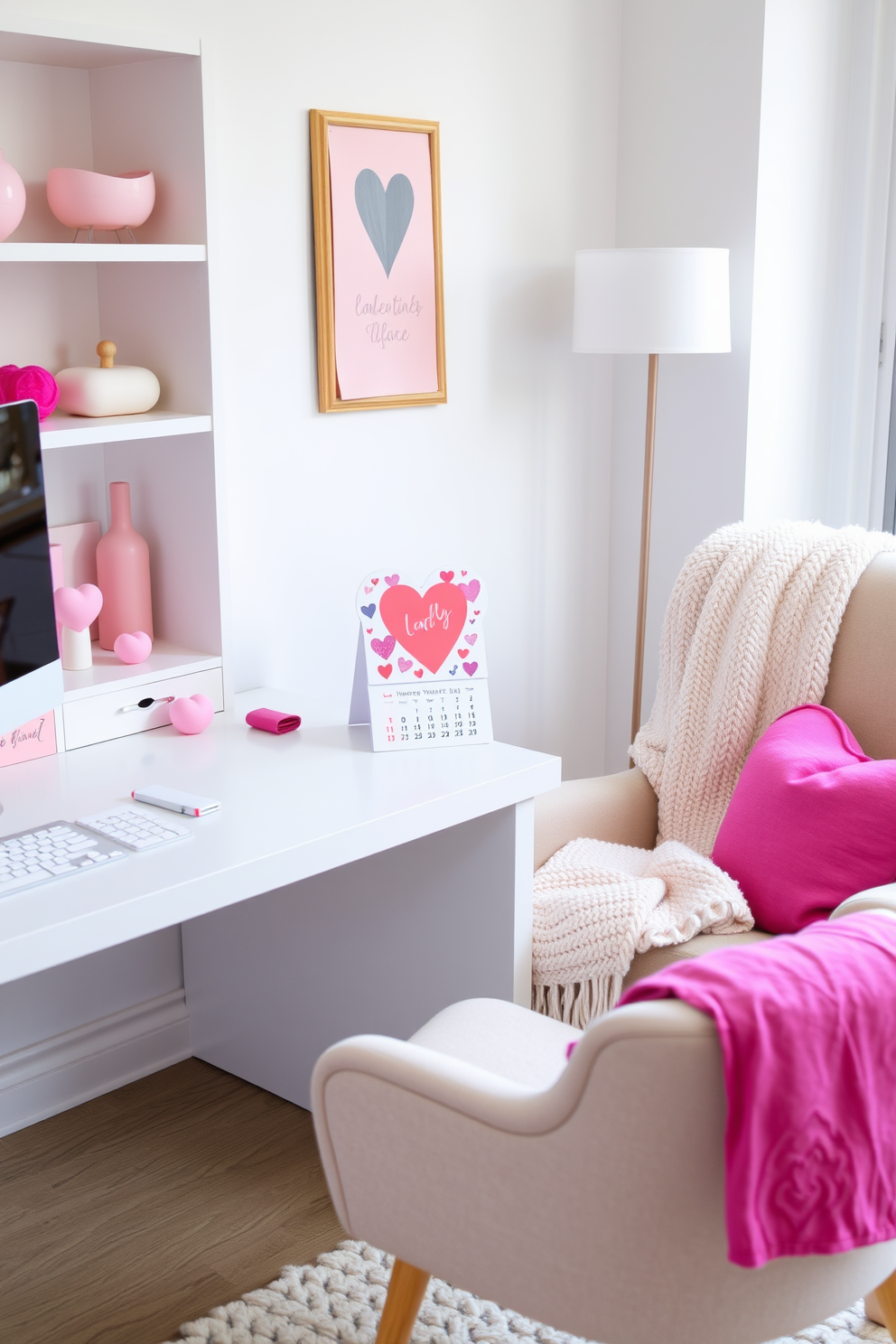 A creative heart-shaped desk calendar sits on a sleek white desk in a modern home office. The calendar features vibrant colors and playful designs that capture the spirit of Valentine's Day while adding a touch of whimsy to the workspace. Surrounding the desk are soft pastel accents, including pink and lavender decorative items that enhance the romantic theme. A cozy armchair in the corner invites relaxation, adorned with a plush throw blanket and heart-themed cushions for added comfort.