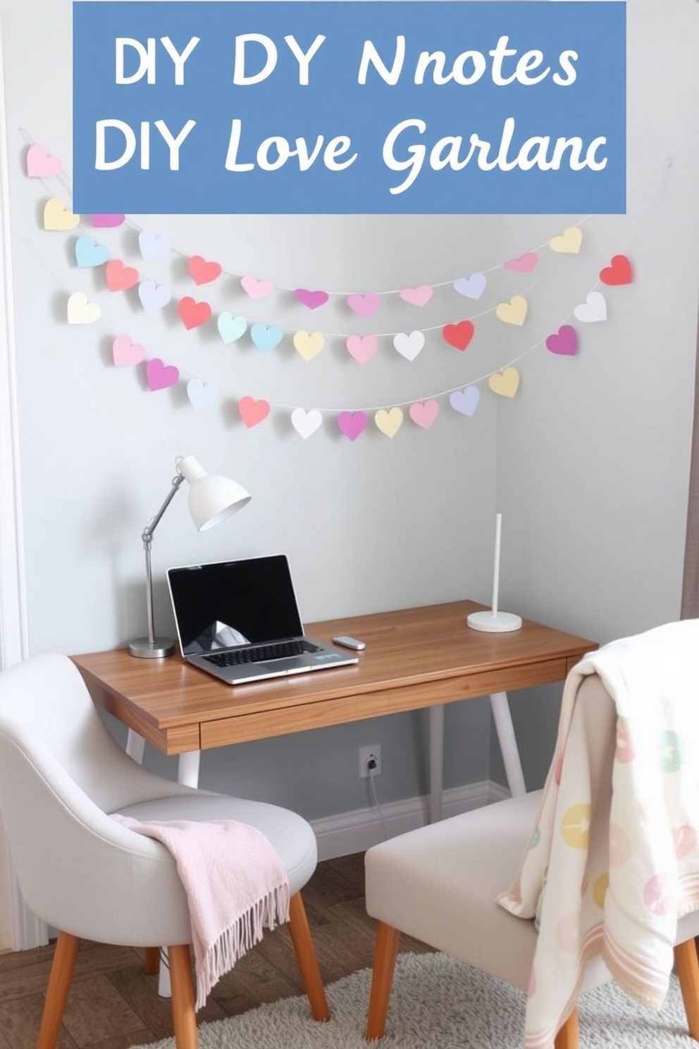 A charming home office adorned with a DIY love notes garland. The garland is crafted from colorful cardstock hearts strung together, hanging above a sleek wooden desk. On the desk, there is a stylish laptop paired with a minimalist desk lamp. A cozy armchair sits in the corner, draped with a soft throw blanket in pastel colors.