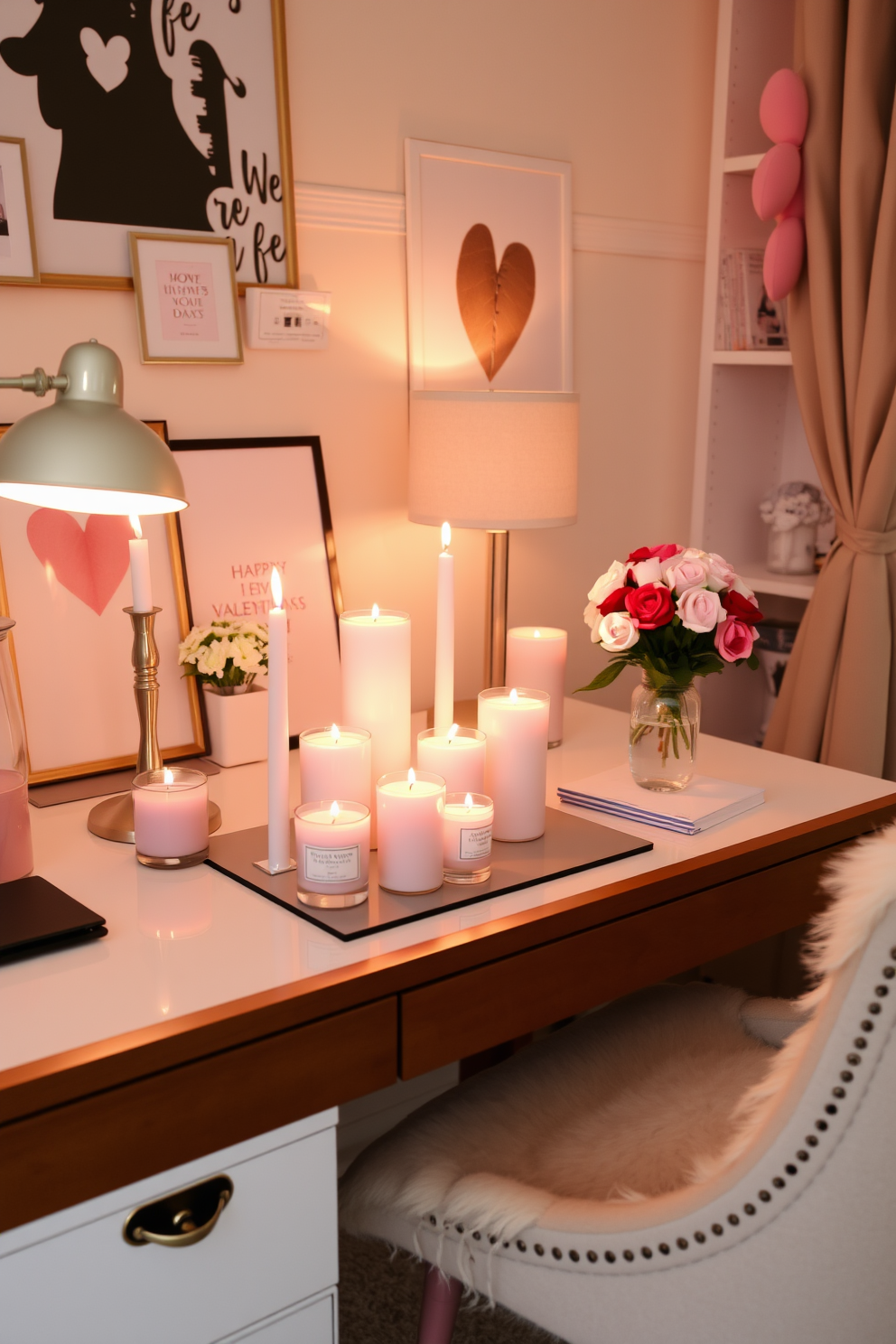 A cozy home office setting adorned with romantic scented candles. The candles are arranged on a stylish desk, casting a warm glow over the workspace. Soft pink and white accents are incorporated into the decor to celebrate Valentine's Day. A comfortable chair and a small bouquet of fresh flowers complete the inviting atmosphere.
