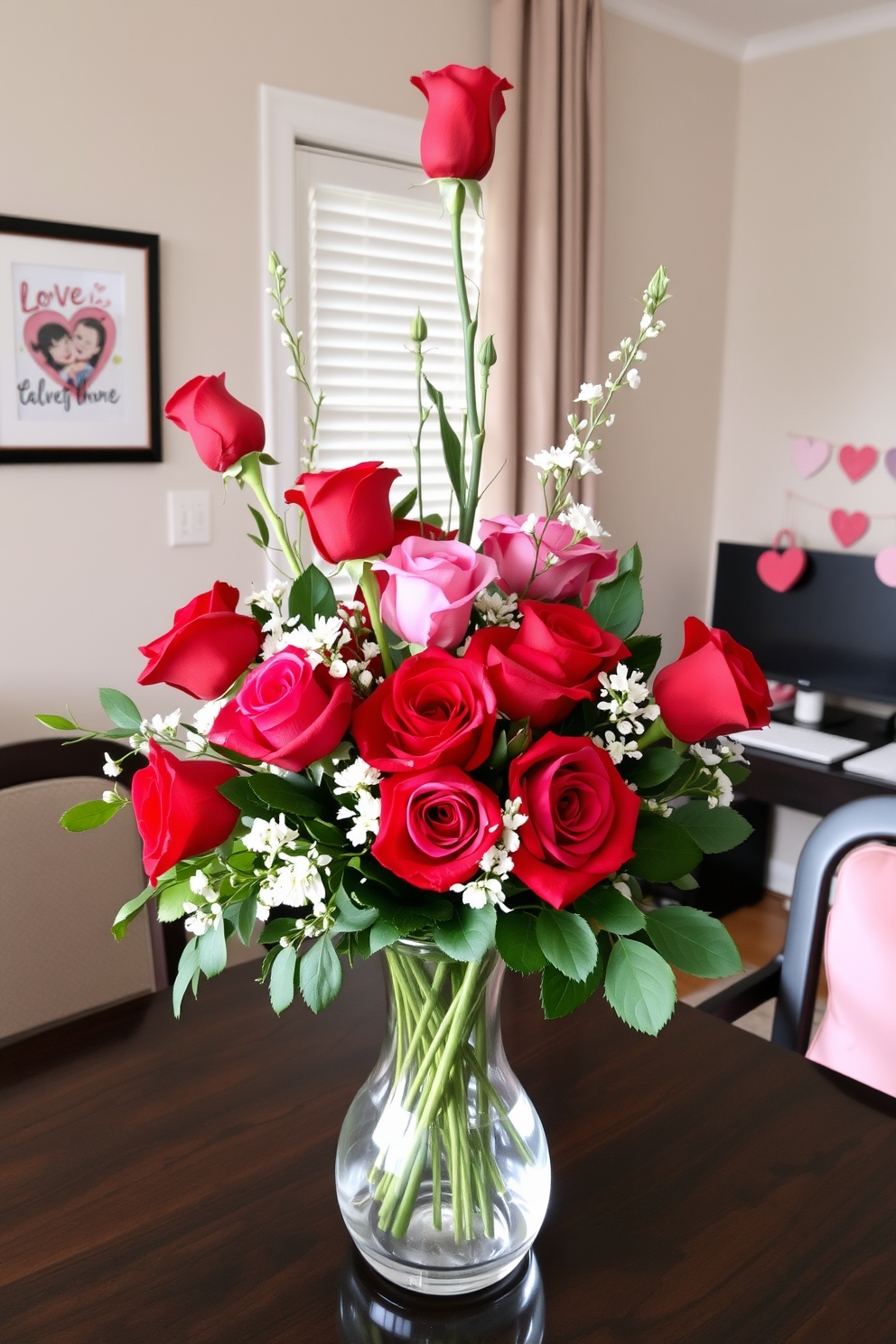 A stunning floral centerpiece featuring vibrant roses in various shades of red and pink is arranged in an elegant glass vase. The centerpiece is complemented by lush greenery and delicate white flowers, creating a romantic atmosphere perfect for Valentine's Day. In the home office, a cozy workspace is adorned with subtle Valentine's Day decorations. Soft pink accents, including a heart-shaped cushion on the chair and a small love-themed artwork on the wall, enhance the inviting and creative environment.