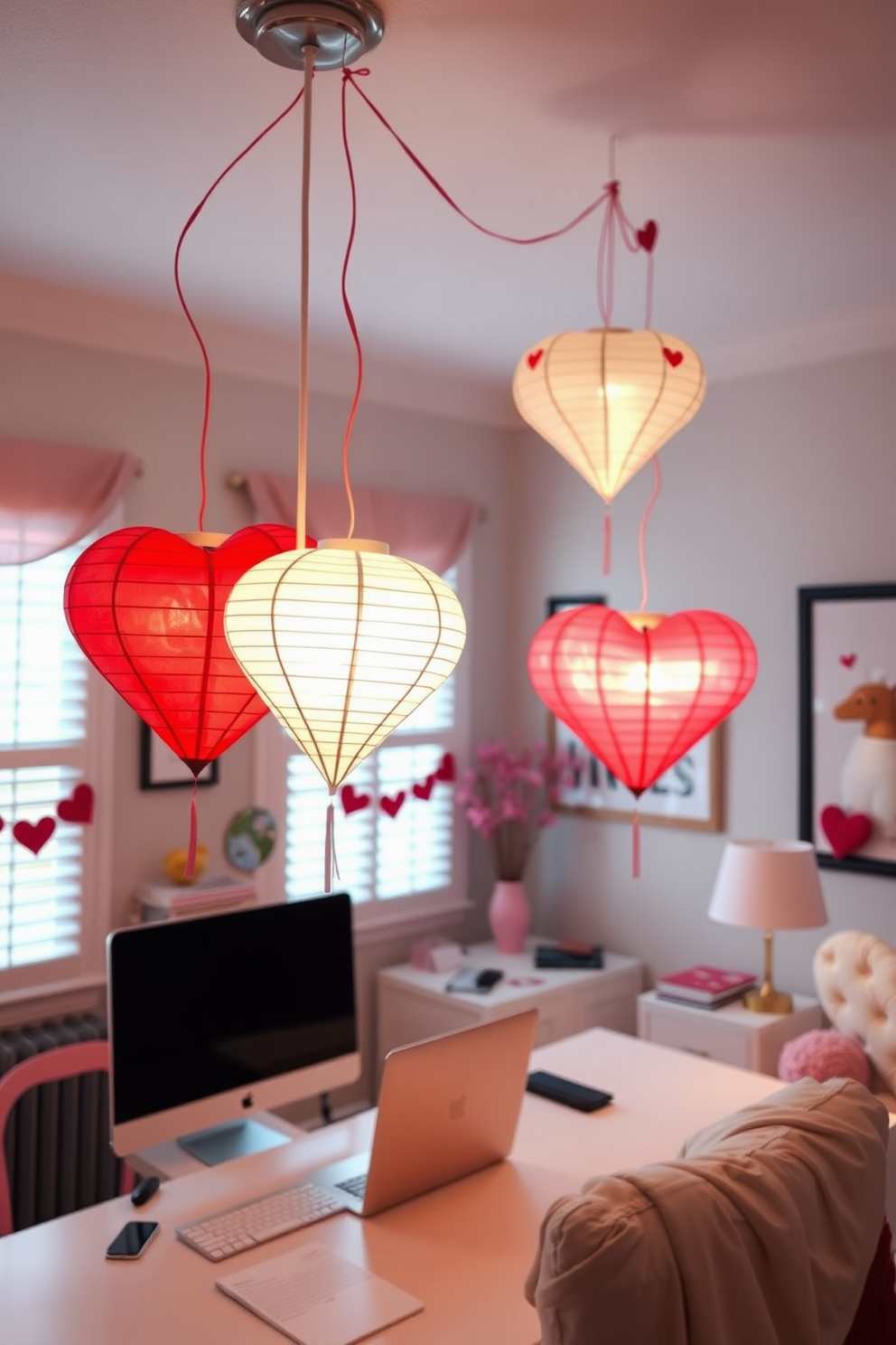 A cozy home office decorated for Valentine's Day features heart-shaped paper lanterns hanging from the ceiling. The soft glow of the lanterns creates a warm and inviting atmosphere, perfect for inspiration and creativity.