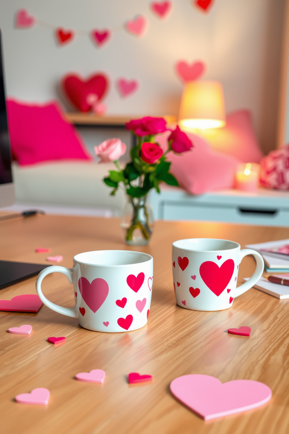 Cute Valentine mugs on a sleek wooden desk. The mugs are adorned with heart patterns and vibrant colors, adding a cheerful touch to the workspace. Soft pink and red decorations are scattered around the office, including heart-shaped cushions and a small bouquet of roses. A romantic ambiance is created with warm lighting and playful Valentine-themed stationery.