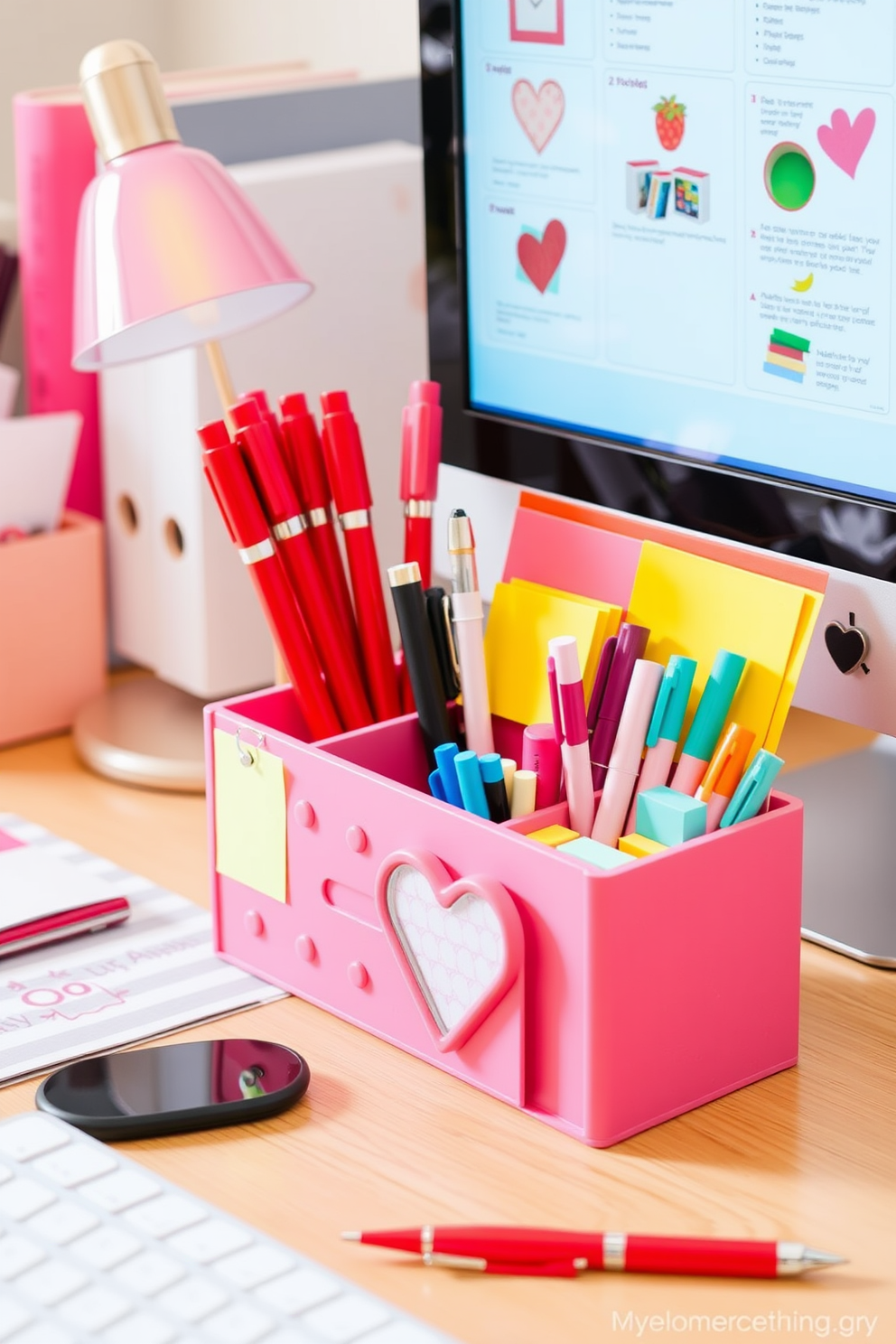 A stylish home office setup featuring a pink and red desk organizer that adds a festive touch for Valentine's Day. The organizer is filled with pens, sticky notes, and other office supplies, all in coordinating colors to create a cohesive and cheerful workspace.
