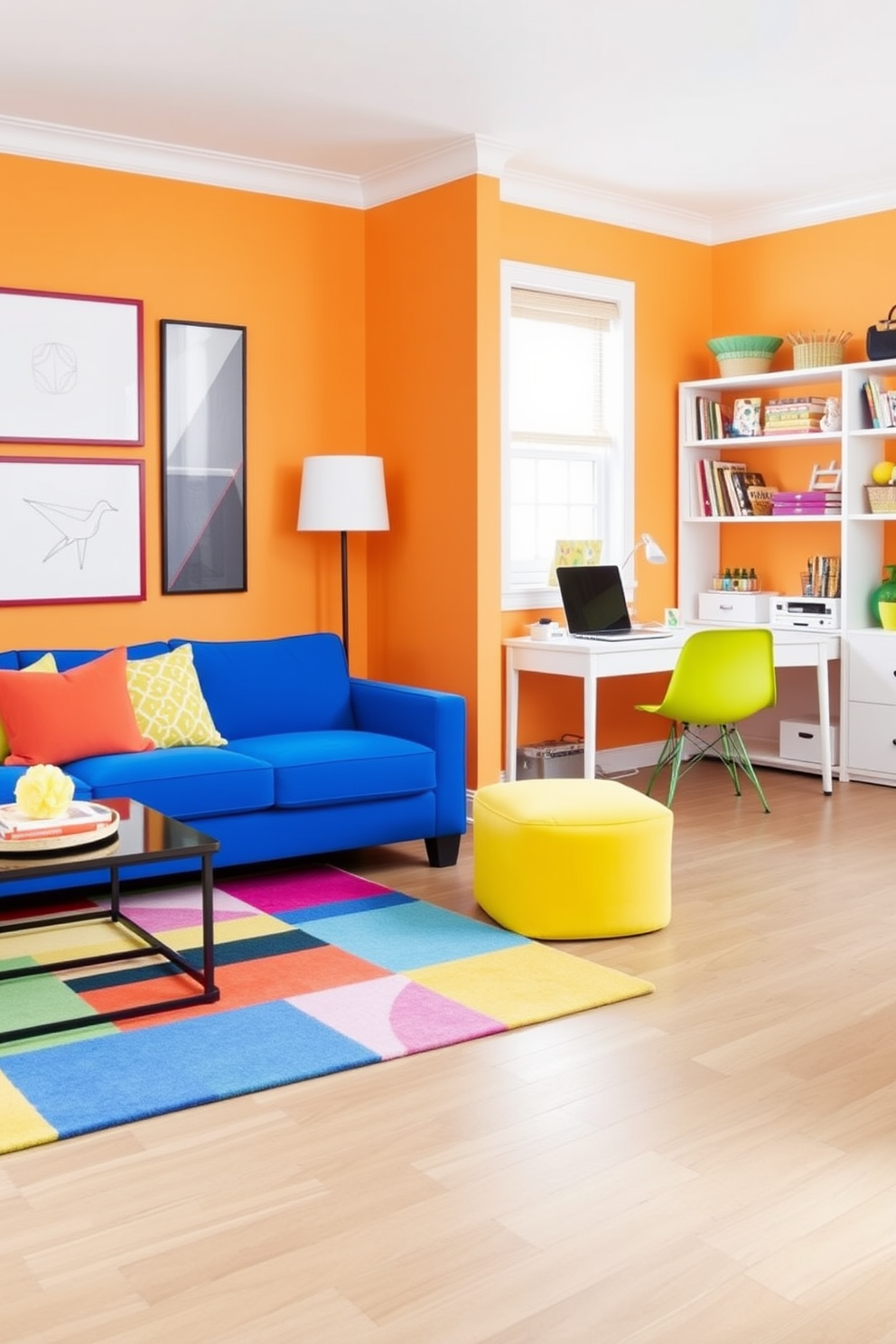 Bright colorful furniture creates a playful atmosphere that energizes the space. The room features a vibrant sofa in a bold blue, a yellow accent chair, and a multi-colored rug that ties the design together. The home office and playroom combo is designed for functionality and fun. A sleek desk in white is paired with a bright green chair, while shelves filled with books and toys add a whimsical touch.