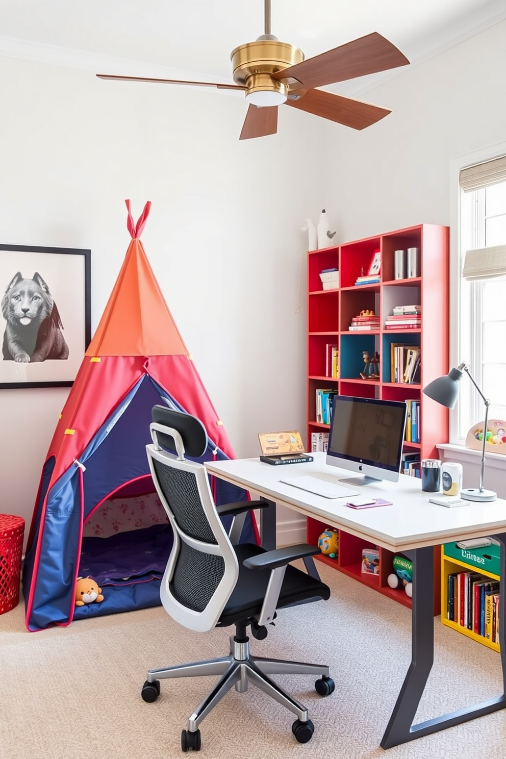 A stylish home office and playroom combo featuring a cozy play tent in one corner. The office area includes a sleek desk with a comfortable ergonomic chair, surrounded by vibrant shelving filled with books and toys.