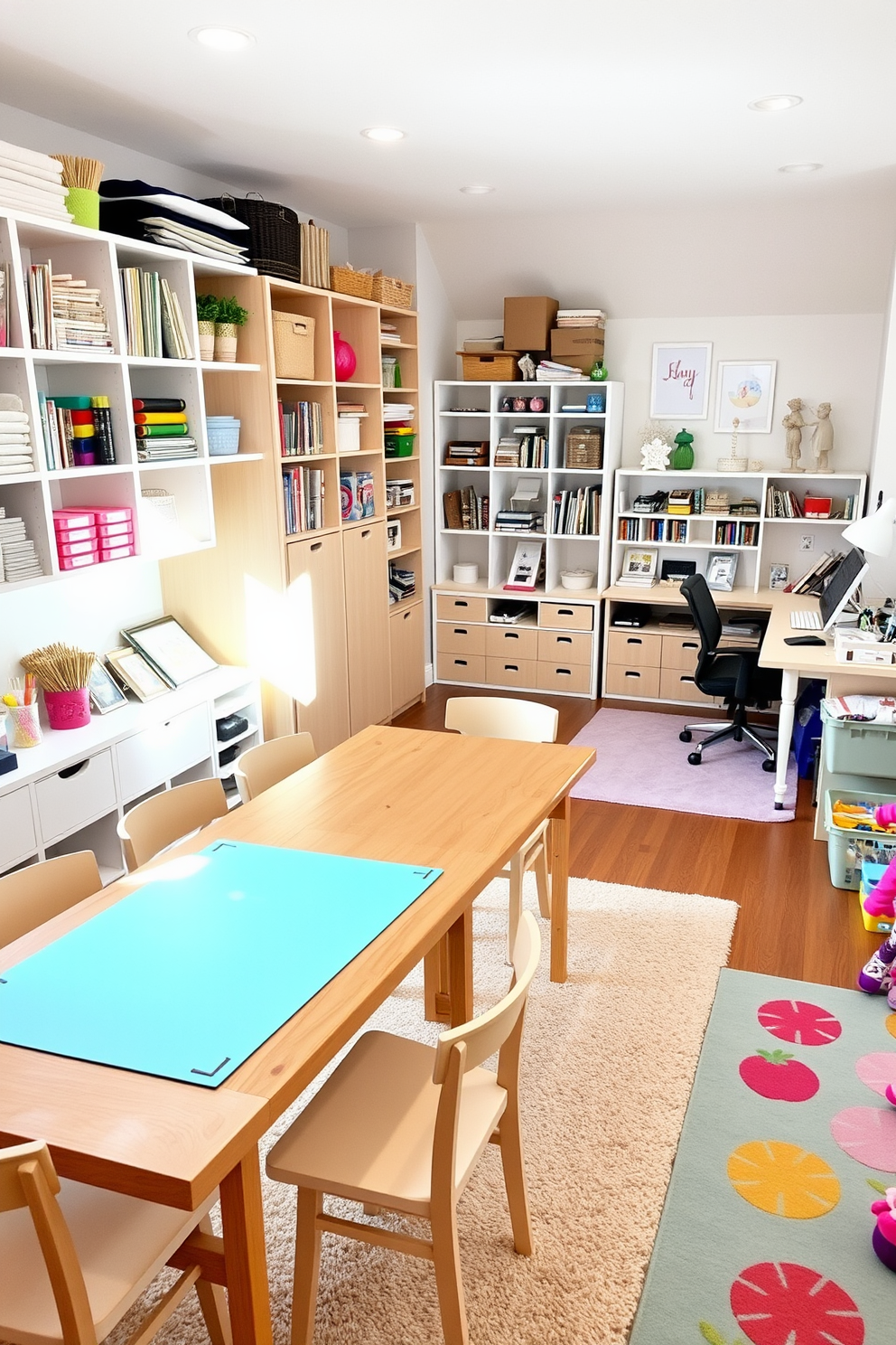 A bright and inviting craft area features a large wooden table surrounded by comfortable chairs, perfect for creativity. Shelves filled with colorful art supplies and materials are easily accessible, ensuring an organized and inspiring workspace. Adjacent to the craft area, the home office is designed with a sleek desk and ergonomic chair, providing a focused environment for productivity. The playroom is filled with soft rugs, playful decor, and storage bins for toys, creating a fun and functional space for children to enjoy.