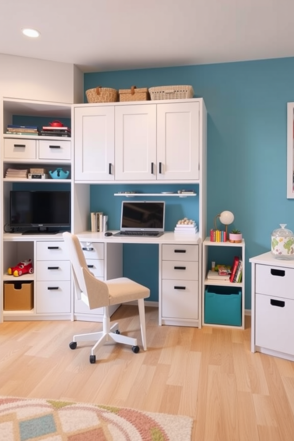 A versatile home office and playroom combo featuring a foldable desk that can be easily tucked away when not in use. The space is designed with bright colors and playful elements, including a comfortable chair and ample storage for toys and office supplies.