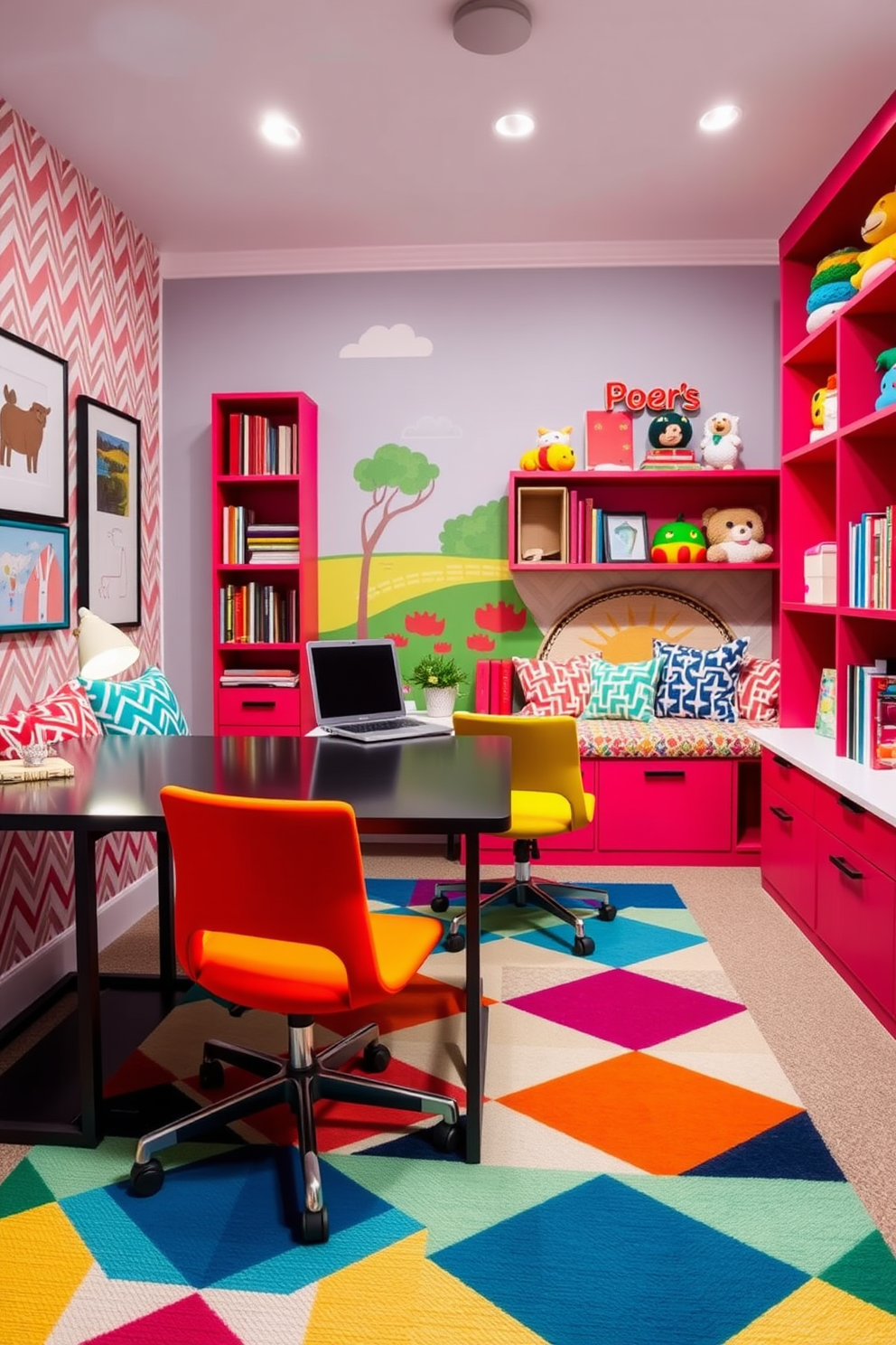 A vibrant home office and playroom combo that blends playful patterns with professional decor. The workspace features a sleek desk with a colorful geometric rug underneath, surrounded by bright, patterned chairs. On one side, a cozy reading nook is adorned with whimsical cushions and a playful wall mural. The shelves are filled with books and decorative toys, creating an inviting atmosphere for both work and play.