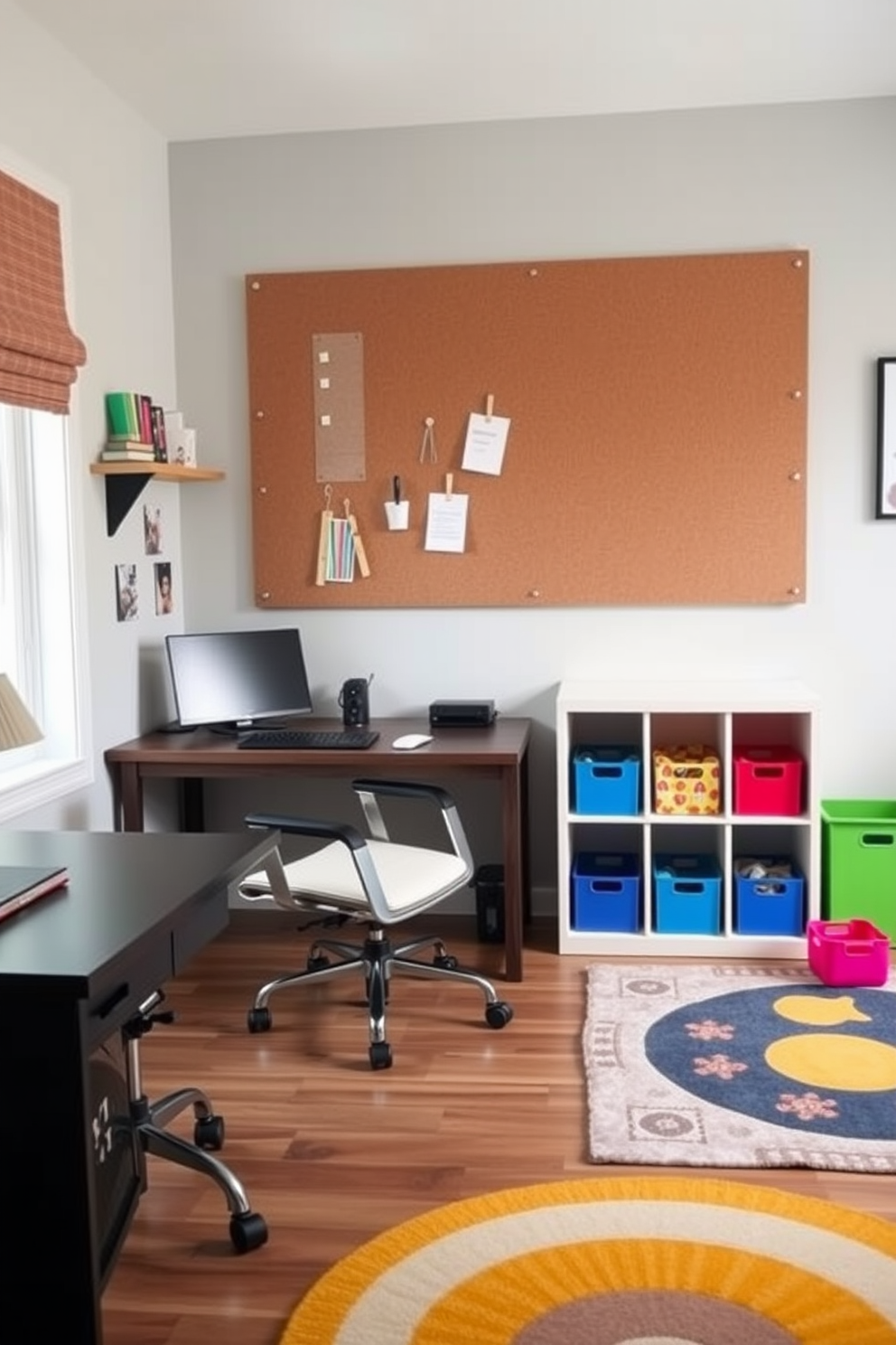 A functional home office and playroom combo features a large corkboard mounted on the wall for notes and creative inspiration. The space is divided into two distinct areas, with a sleek desk and ergonomic chair on one side and colorful play zones with soft rugs and storage bins on the other.