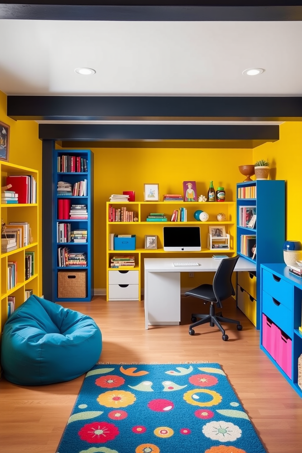 A vibrant home office and playroom combo filled with energy. The walls are painted in a lively yellow hue, complemented by bright blue accents in the furniture and decor. A spacious desk with a sleek design sits against one wall, surrounded by colorful shelving units filled with books and toys. A cozy reading nook with a bean bag chair and a playful rug creates a fun and inviting atmosphere.