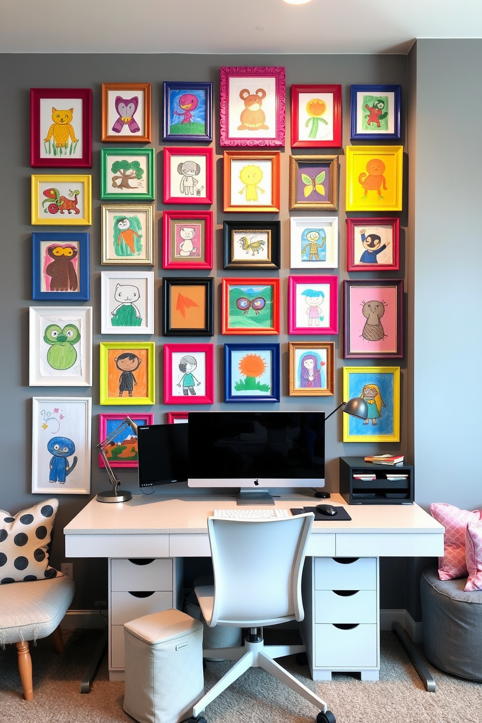 Create a gallery wall filled with vibrant kids artwork showcasing a variety of colors and styles. The wall is adorned with playful frames in different shapes and sizes, creating a dynamic and inviting display. Design a functional home office and playroom combo that balances productivity and creativity. The space features a stylish desk with ample storage, surrounded by cozy seating areas for relaxation and play.