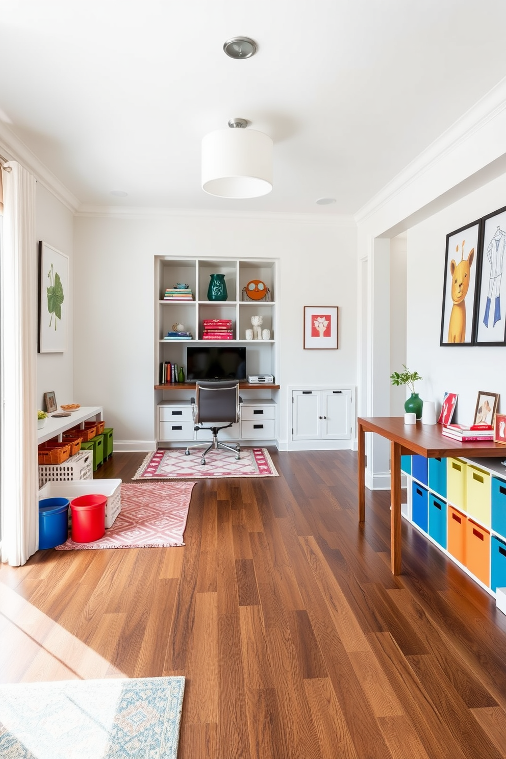 A stylish home office and playroom combo features a durable hardwood flooring that blends functionality with aesthetic appeal. The workspace includes a sleek desk with a modern chair, while the play area is adorned with colorful rugs and playful storage solutions. Incorporate built-in shelving to maximize storage while keeping the space organized and visually appealing. Use a neutral color palette for the walls, accented with vibrant artwork and decor that inspires creativity and productivity.