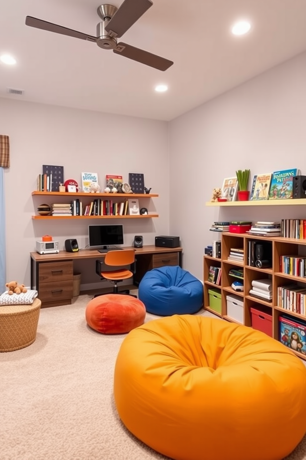 A cozy home office and playroom combo featuring a vibrant bean bag seating area. The room is designed with a large desk against one wall, complemented by colorful wall shelves filled with books and toys.