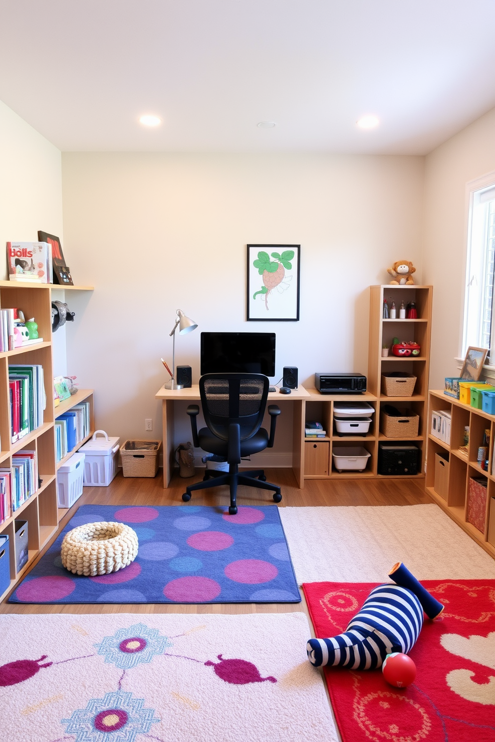 A cozy home office and playroom combo that blends functionality with fun. The workspace features a sleek wooden desk with a comfortable ergonomic chair, while the play area is adorned with colorful rugs and playful storage solutions. The walls are painted in a soft pastel hue, creating a warm and inviting atmosphere. Shelves filled with books and toys line one side, providing easy access to both work materials and play items.