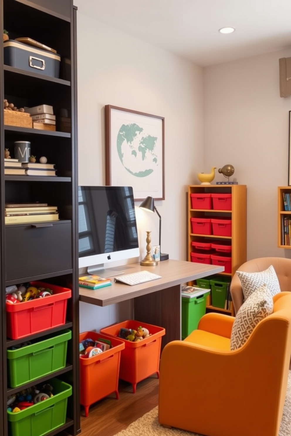 A stylish home office and playroom combo features a sleek desk that can be folded away when not in use. Brightly colored storage bins are strategically placed to keep toys organized while maintaining a clean workspace. The walls are adorned with playful artwork that inspires creativity and productivity. A cozy reading nook with a comfortable chair and a small bookshelf adds warmth and invites relaxation.