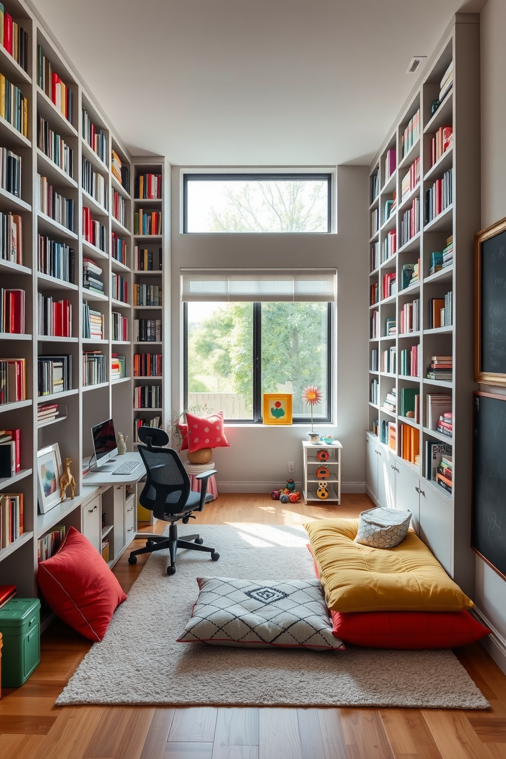 A cozy home office and playroom combo features tall bookshelves reaching the ceiling, filled with colorful books and decorative items. The workspace is defined by a sleek desk positioned under a large window, with a comfortable ergonomic chair and playful accents throughout the room. Brightly colored cushions and a soft rug create a welcoming play area for children, encouraging creativity and exploration. The walls are painted in a light, cheerful hue, with framed artwork and a chalkboard for kids to express their artistic talents.