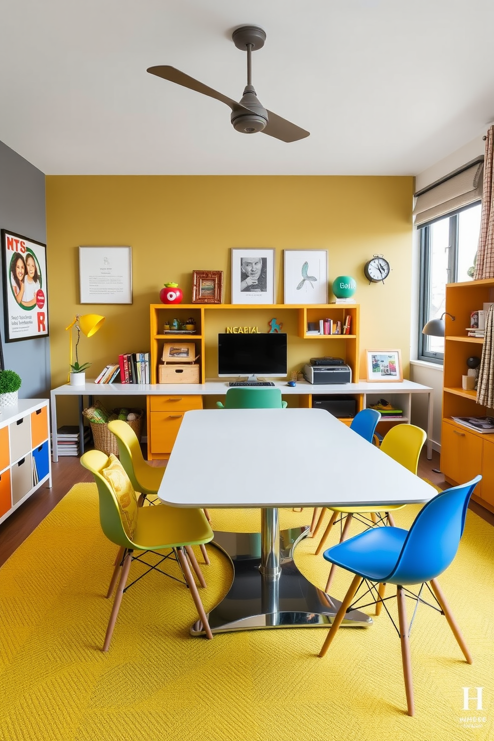 A stylish home office and playroom combo features a sleek small table positioned centrally for various activities. The table is surrounded by comfortable chairs, and the space is filled with vibrant colors and playful decor to inspire creativity and productivity.