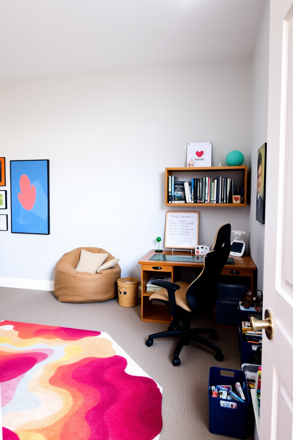 A stylish home office and playroom combo features a spacious layout with a large wooden desk positioned against a wall adorned with colorful artwork. A comfortable ergonomic chair sits at the desk, while a cozy reading nook with a plush bean bag and shelves filled with books is located in the corner. The walls are painted in a soft pastel hue, creating a calm atmosphere, while a vibrant area rug adds a playful touch to the space. A mini whiteboard is mounted on the wall for brainstorming ideas, and an assortment of toys and games is neatly organized in stylish storage bins nearby.