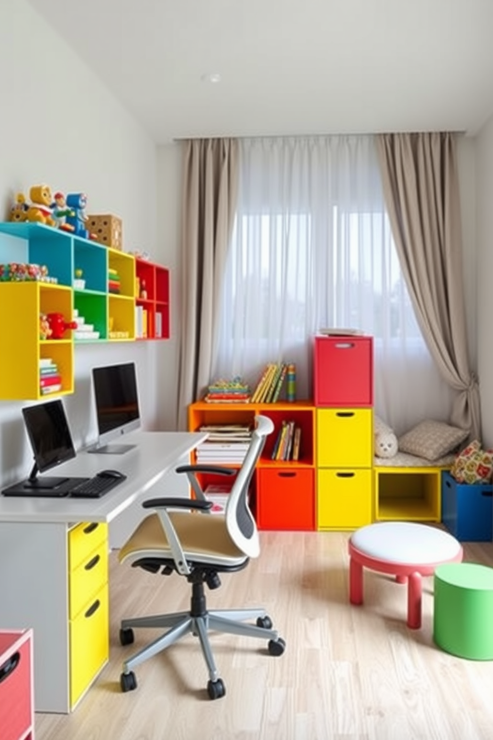 A modern home office and playroom combo featuring a sleek desk with a comfortable ergonomic chair against one wall. Vibrant, colorful shelving units hold toys and books, while a cozy reading nook with plush cushions sits in the corner. Use sheer curtains to separate the office area from the playroom, allowing for natural light to filter through while providing a sense of privacy. The walls are painted in soft pastels, creating a cheerful and inviting atmosphere for both work and play.