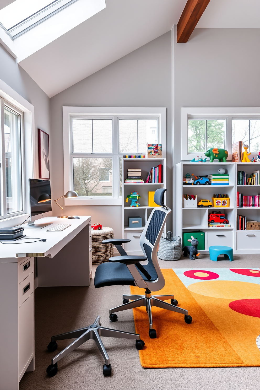 A modern home office and playroom combo that promotes productivity and creativity. The workspace features a sleek desk with built-in charging ports and a comfortable ergonomic chair, while the play area showcases vibrant rugs and shelves filled with toys and books. The walls are painted in a calming light gray, complemented by colorful accents in the furniture. Large windows allow natural light to flood the space, enhancing the inviting atmosphere for both work and play.