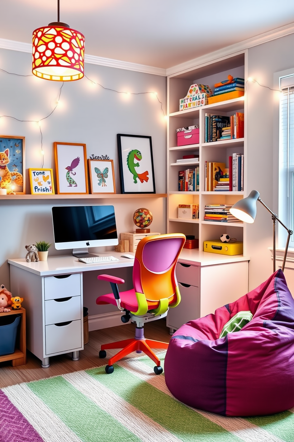 A vibrant home office and playroom combo that inspires creativity and productivity. The space features a sleek desk with a colorful ergonomic chair, surrounded by playful wall art and shelves filled with books and toys. Incorporate fun lighting fixtures like a whimsical pendant light above the desk and string lights along the walls to create an inviting atmosphere. A cozy reading nook with a bean bag chair is nestled in the corner, illuminated by a stylish floor lamp.