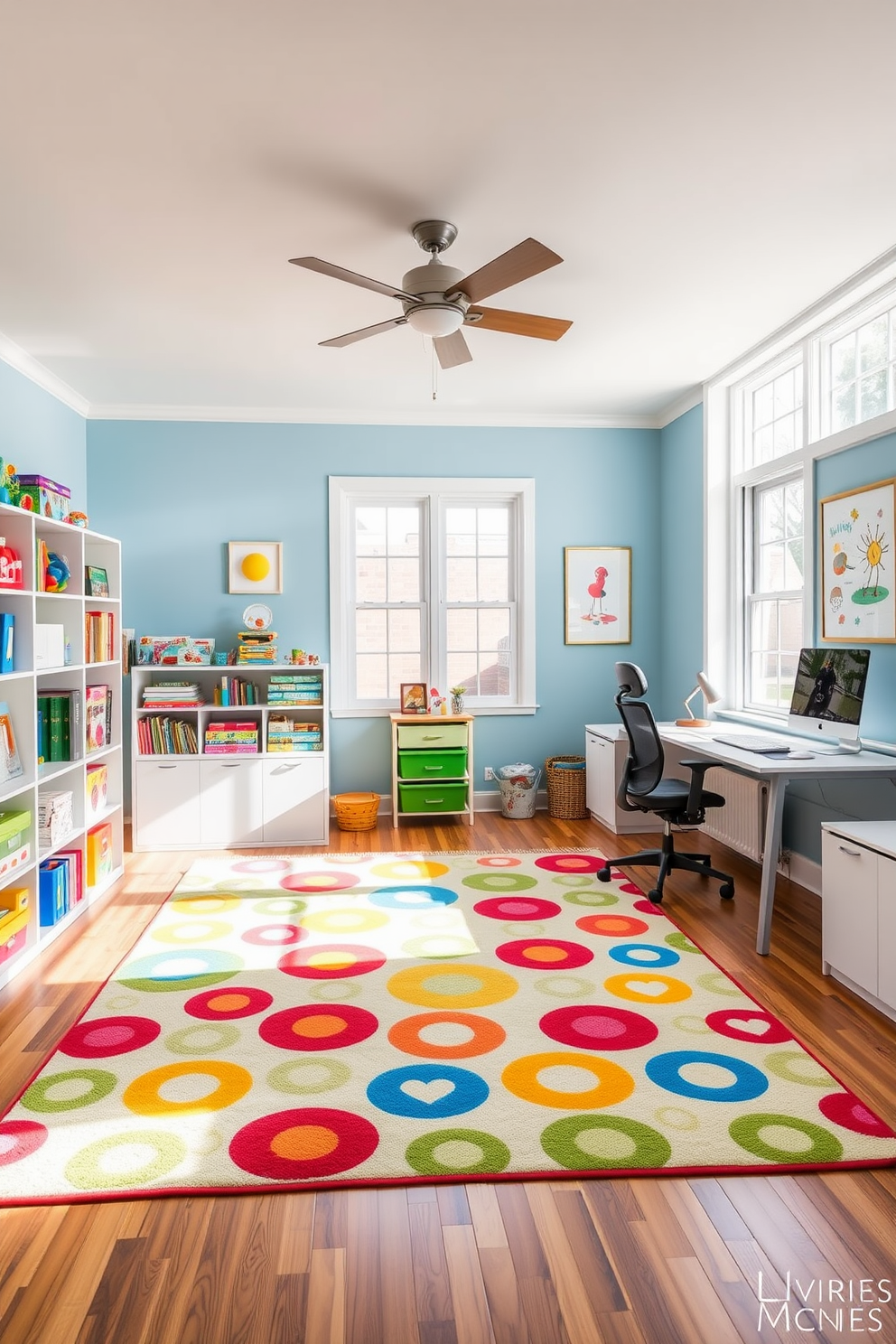 Create a vibrant playroom that seamlessly integrates a home office. The room features a large, colorful rug in the center, surrounded by shelves filled with toys and games, while a modern desk with ergonomic seating is positioned in a corner for productivity. The walls are painted in a cheerful light blue, with playful artwork adorning them. Ample natural light floods the space through large windows, creating an inviting atmosphere for both work and play.