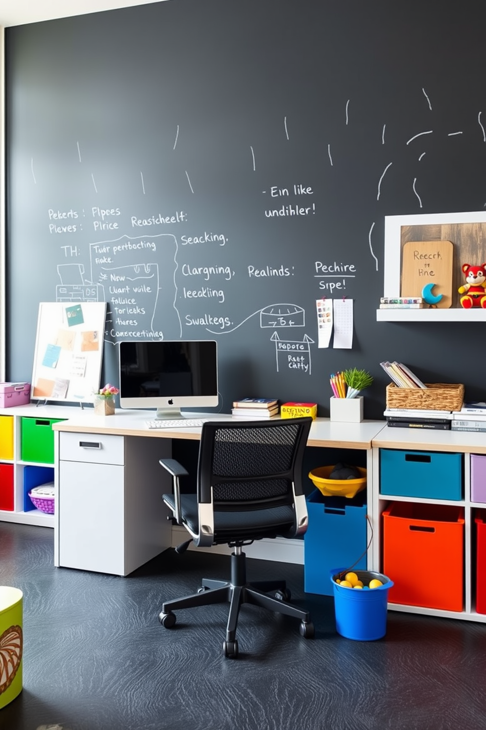 A modern home office and playroom combo that features a large chalkboard wall for creativity and brainstorming. The space includes a stylish desk with ergonomic seating, surrounded by colorful storage solutions and playful decor elements to inspire both work and play.