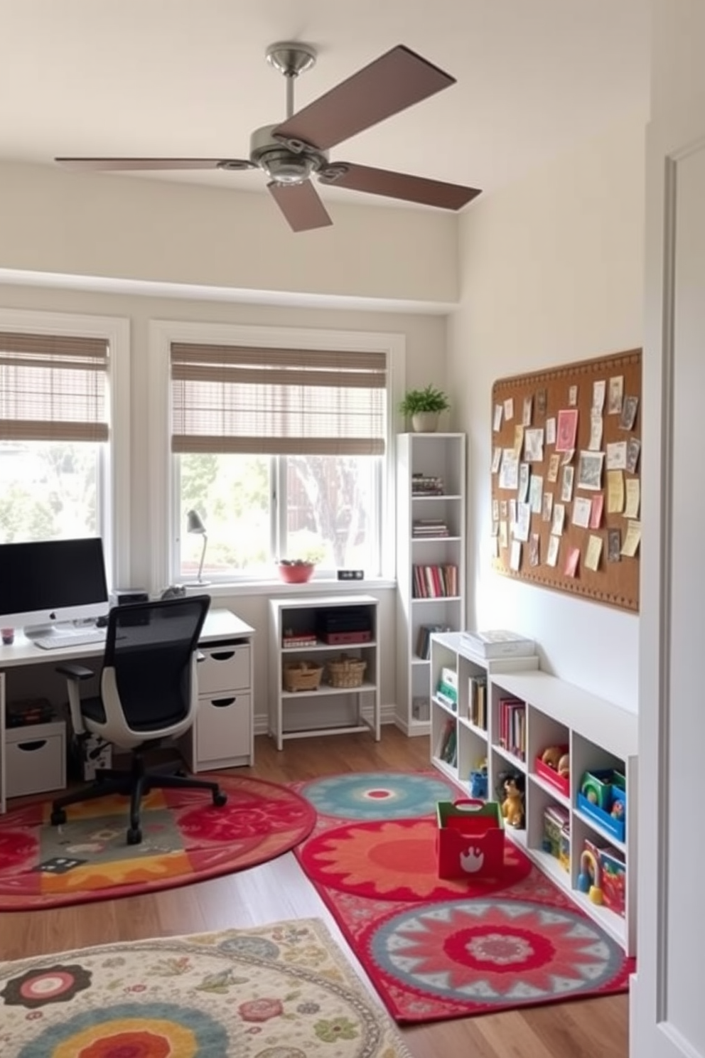 A stylish home office and playroom combo that maximizes space and functionality. The office area features a sleek desk with a comfortable ergonomic chair, while the playroom is adorned with colorful rugs and shelves filled with toys. Natural light floods the room through large windows, creating an inviting atmosphere. The walls are painted in soft pastel colors, and a large bulletin board displays project ideas and inspiration for both work and play.