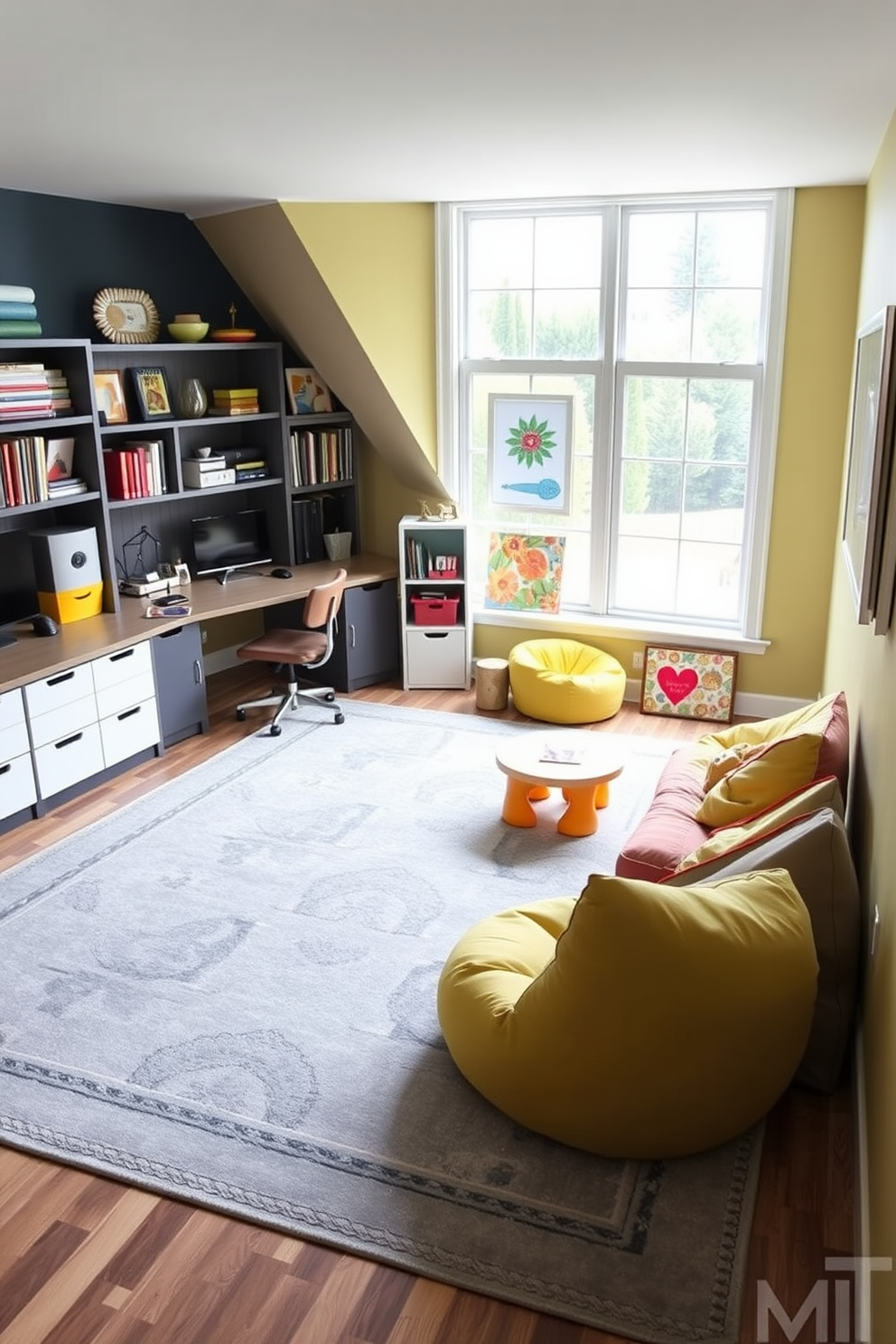 A stylish home office and playroom combination features a large area rug in a soft gray tone that defines the workspace. The desk is positioned against a wall, adorned with shelves filled with books and decorative items, while colorful bean bags and a small play table occupy the rug's other side. The walls are painted in a bright, cheerful color to energize the space, complemented by playful artwork. Natural light floods the room through a large window, enhancing the inviting atmosphere for both work and play.