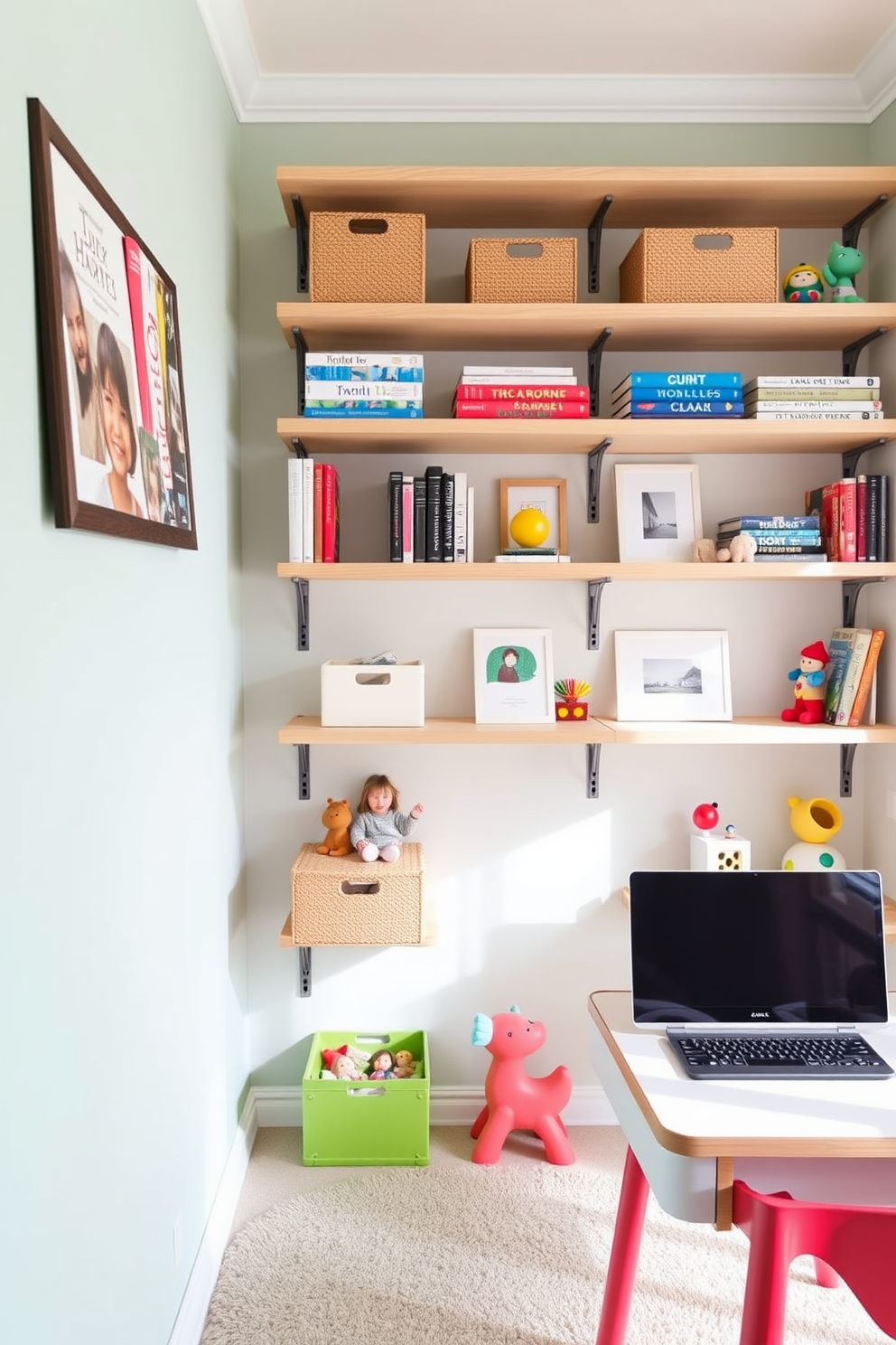 A bright and airy home office and playroom combo features floating shelves that provide both storage and display options. The shelves are adorned with books, decorative boxes, and colorful toys, creating a functional yet playful atmosphere.
