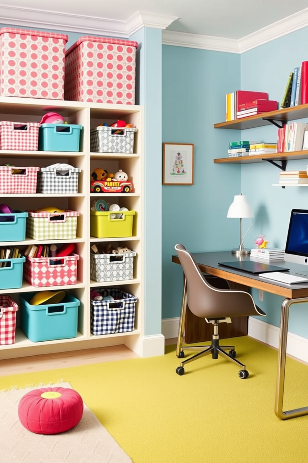 Stylish storage bins are creatively arranged in a bright and cheerful playroom, featuring a mix of vibrant colors and playful patterns. The bins are placed on open shelves, making toys easily accessible while adding a decorative touch to the space. The home office area is designed with a sleek desk that complements the playful aesthetic of the playroom. A comfortable chair is positioned next to the desk, and wall-mounted shelves display books and decorative items, seamlessly blending work and play.
