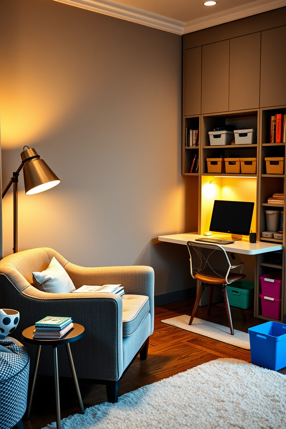 Create a cozy reading nook corner with a plush armchair upholstered in soft fabric. A small side table holds a steaming cup of tea and a stack of books, while a warm floor lamp casts a gentle glow over the space. Design a home office and playroom combo that features a sleek desk positioned against a wall with built-in shelves. Colorful storage bins and a soft rug create a playful atmosphere, while a comfortable chair invites both work and relaxation.