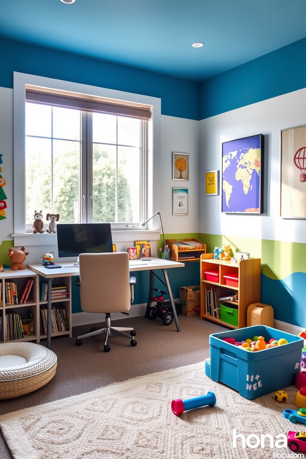 A vibrant home office and playroom combo designed for creativity and productivity. The walls are adorned with colorful artwork that sparks imagination, while a spacious desk sits in front of a large window allowing natural light to flood the room. In one corner, a cozy reading nook features a plush chair and a small bookshelf filled with children's books. The play area is equipped with a soft rug and an array of toys, creating a fun and inviting atmosphere for both work and play.