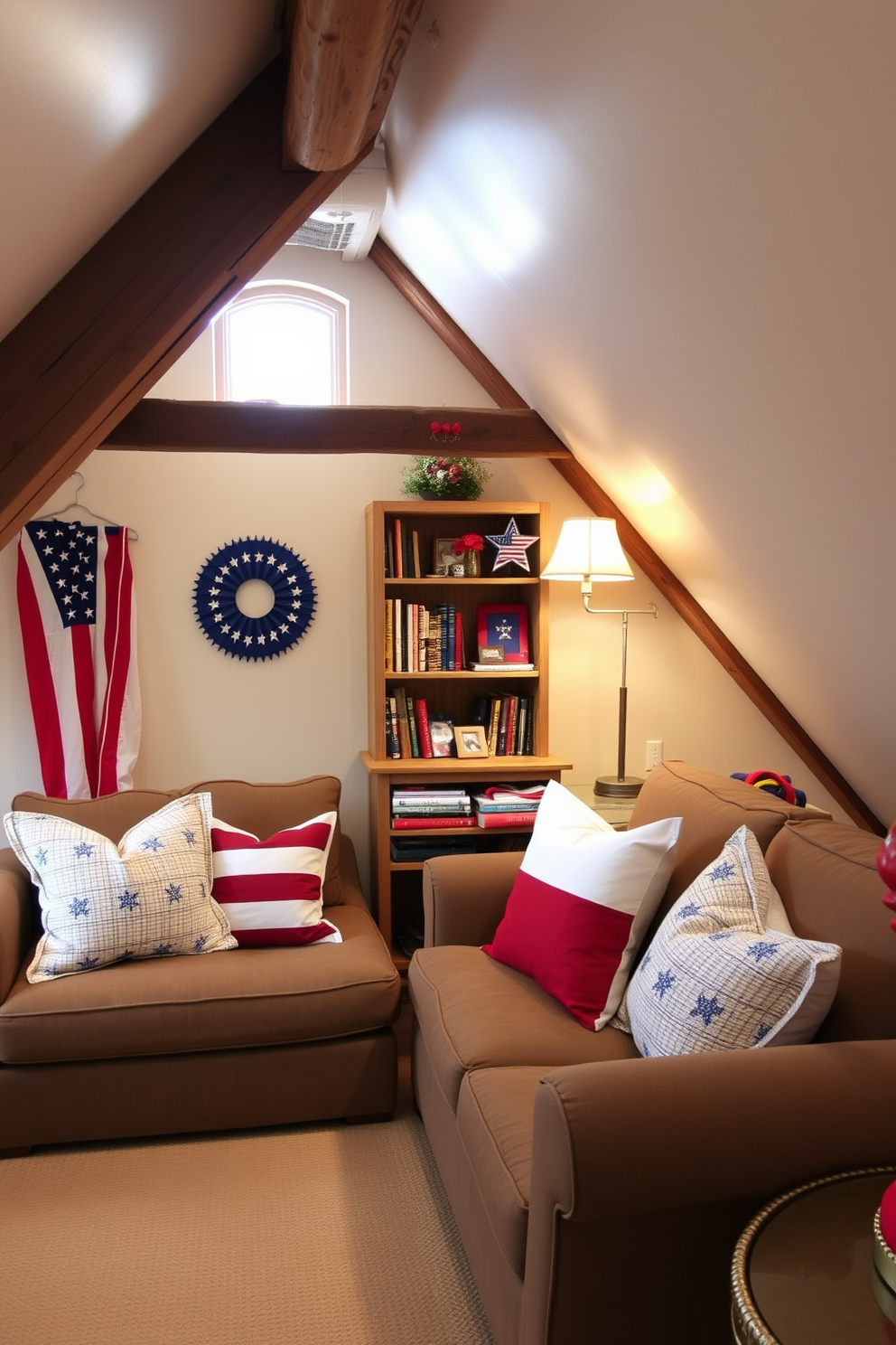 Create a cozy attic space decorated for Independence Day. The focus is on a comfortable seating area adorned with red white and blue throw pillows, adding a festive touch to the room. Incorporate rustic wooden beams and soft lighting to enhance the warm atmosphere. A small bookshelf filled with patriotic books and decorations completes the inviting ambiance.