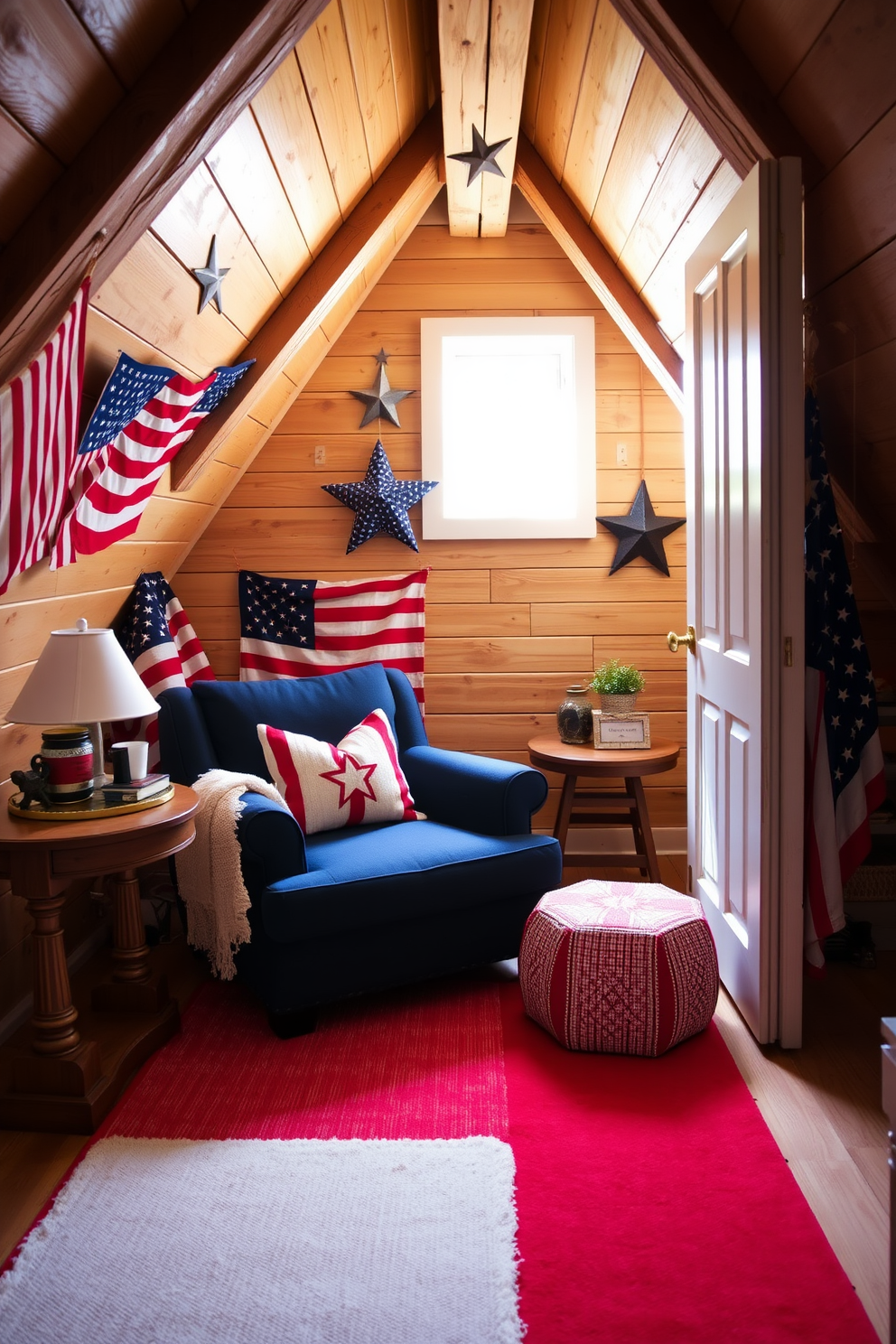 A cozy attic space decorated for Independence Day features a red and white striped rug that adds a festive touch to the room. The walls are adorned with vintage American flags and star-themed decor, creating a patriotic atmosphere. The seating area includes a comfortable armchair upholstered in navy blue fabric, complemented by throw pillows in red and white. Natural light streams in through a small window, illuminating the rustic wooden beams and enhancing the inviting ambiance.
