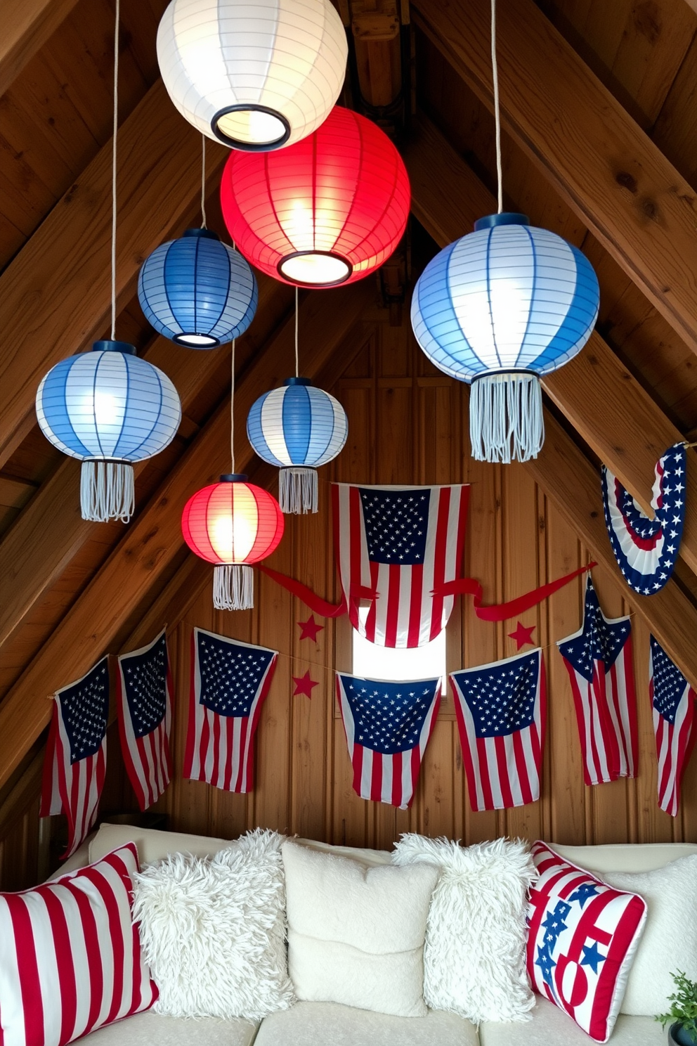 A cozy attic space decorated for Independence Day. The room features handmade paper lanterns in red white and blue hues hanging from the ceiling creating a festive ambiance. Rustic wooden beams frame the attic while vintage American flags are draped across the walls. A comfortable seating area with plush cushions invites relaxation and celebration.