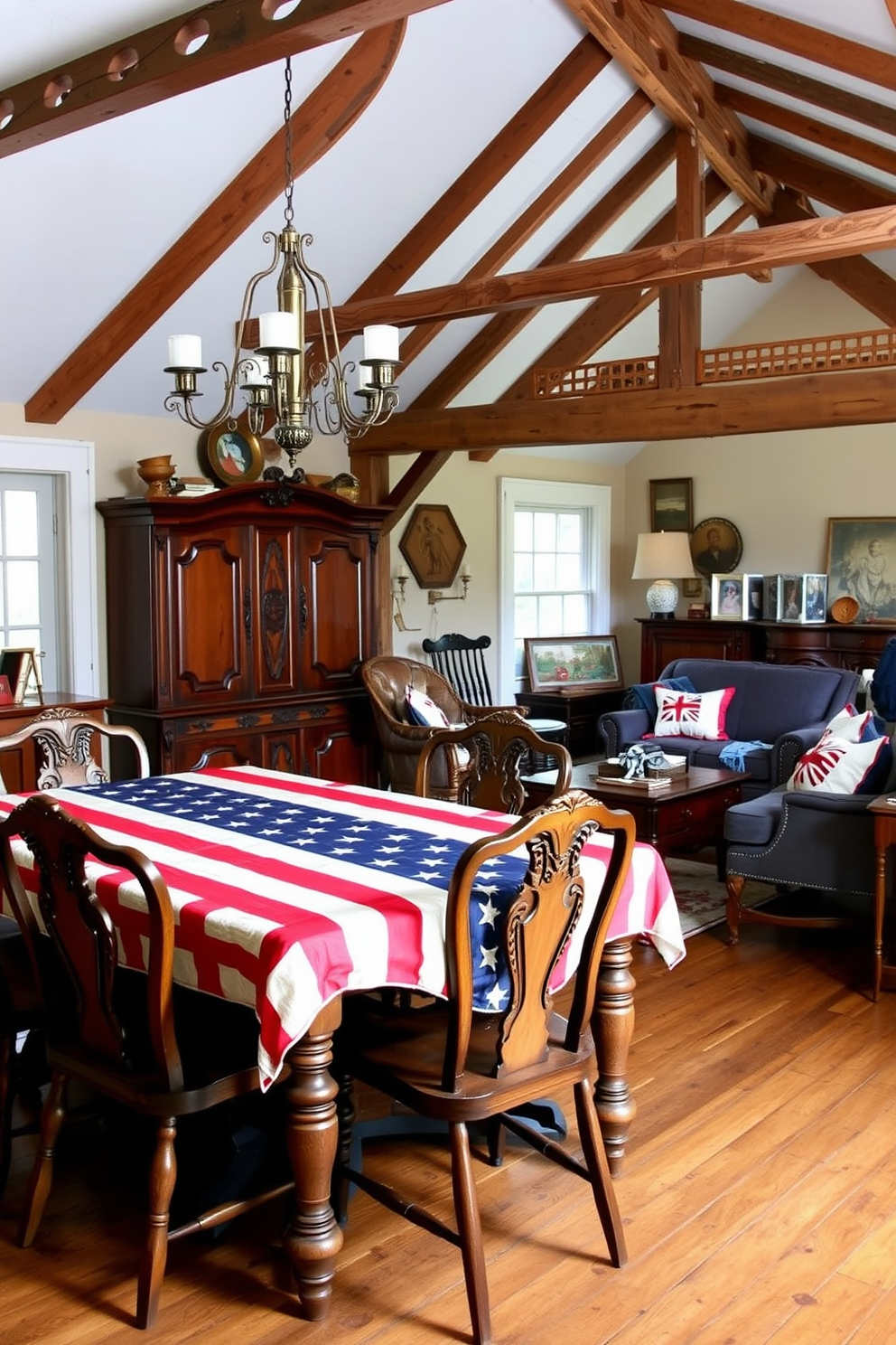 Antique furniture in rich shades of red white and blue creates a festive atmosphere for Independence Day celebrations. The room features a vintage wooden table adorned with a flag-themed tablecloth and surrounded by mismatched chairs showcasing intricate carvings. In the attic, rustic beams and soft lighting enhance the charm of the space. Cozy seating areas are arranged with patriotic throw pillows and a collection of vintage decor items that evoke a sense of nostalgia for the holiday.