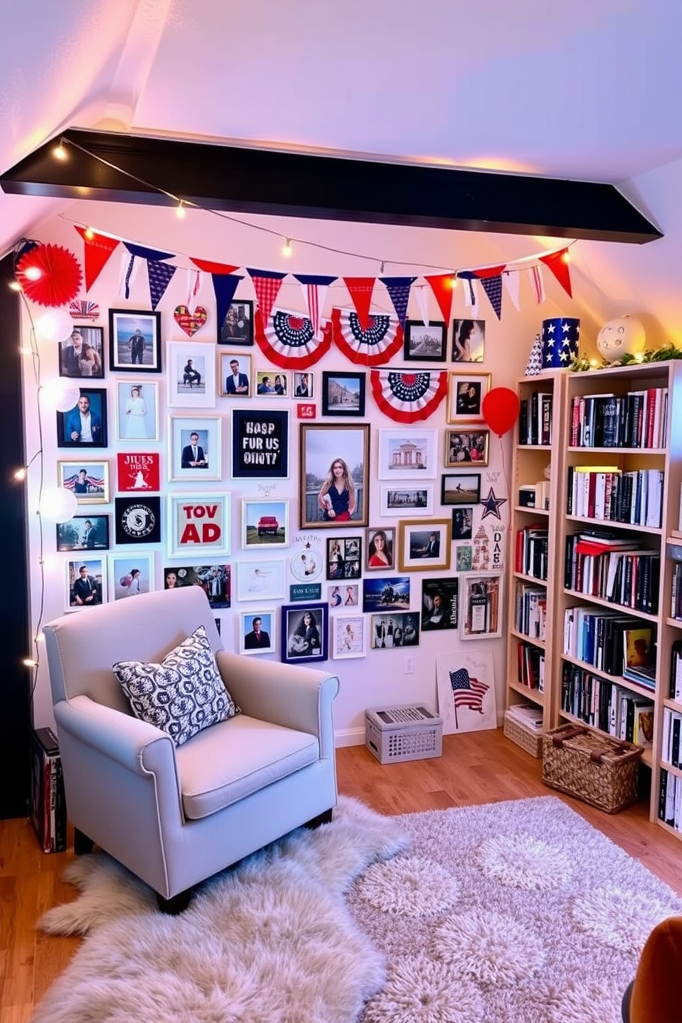 Creative photo wall of celebrations featuring a mix of framed photographs and colorful decorations that capture the spirit of Independence Day. The wall is adorned with red white and blue accents along with string lights and festive banners to create a lively atmosphere. Attic decorating ideas that transform the space into a cozy reading nook. Include a comfortable armchair plush rugs and bookshelves filled with a collection of favorite novels surrounded by soft ambient lighting.