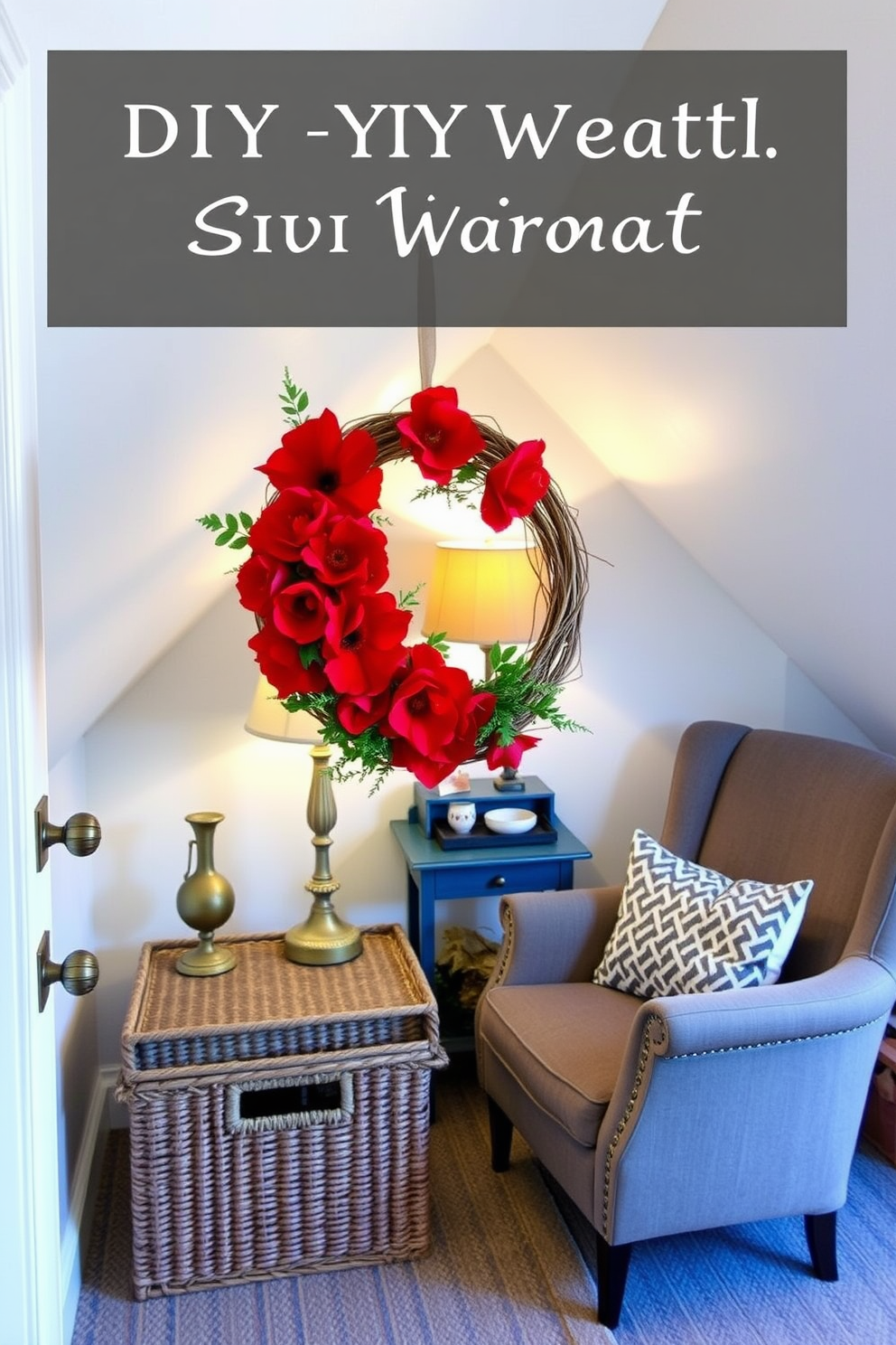 A DIY wreath adorned with vibrant red flowers is perfect for celebrating Independence Day. The wreath is crafted from a natural grapevine base, showcasing a mix of bold blooms and greenery for a festive touch. For attic decorating ideas, envision a cozy reading nook with a comfortable armchair and a small side table. Soft lighting from a vintage lamp creates a warm atmosphere, while decorative storage bins keep the space organized and stylish.