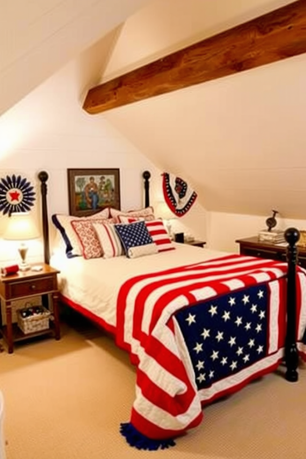 A cozy attic bedroom decorated for Independence Day features a bed adorned with an American flag quilt. The walls are painted in soft white, and rustic wooden beams add charm to the space.