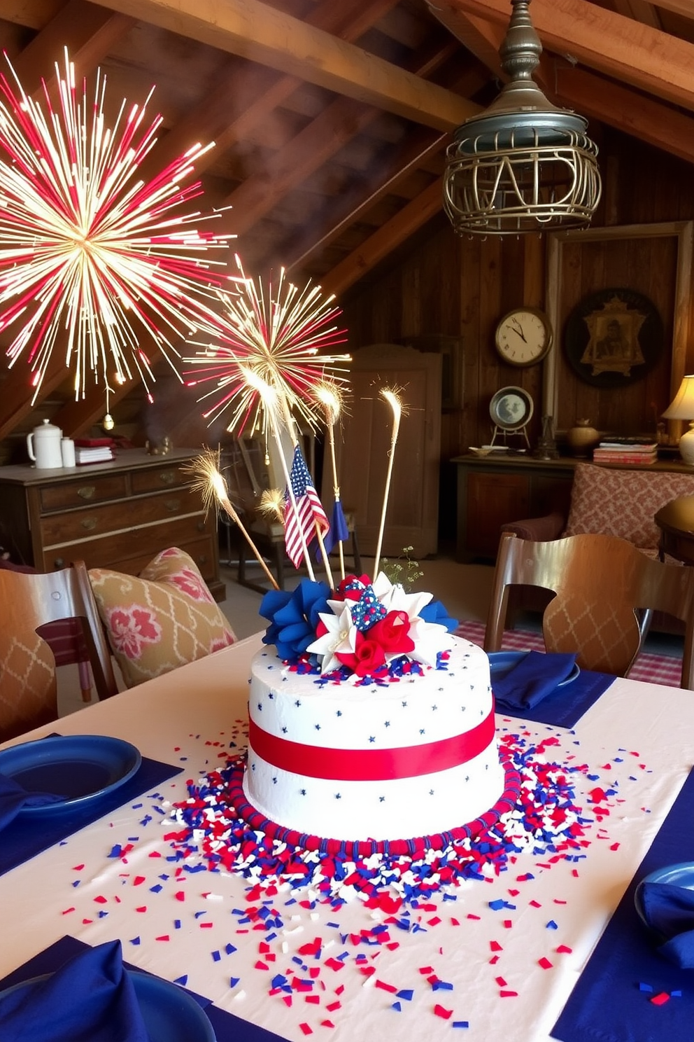 A vibrant table centerpiece celebrating Independence Day features a mix of red white and blue elements. Fireworks motifs are incorporated through decorative sparklers and colorful confetti scattered around a large cake. The attic is transformed into a cozy retreat with soft lighting and rustic furniture. Vintage decorations and comfortable seating create an inviting atmosphere perfect for relaxation or gatherings.